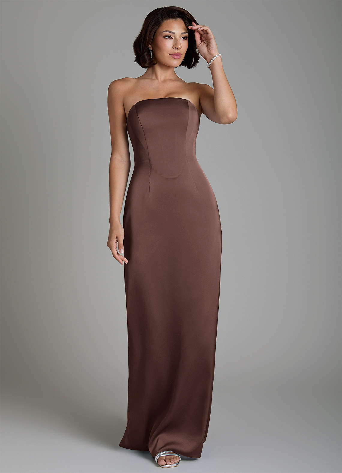 Fallyn Sheath Strapless Stretch Satin Bridesmaid Dress in Ganache