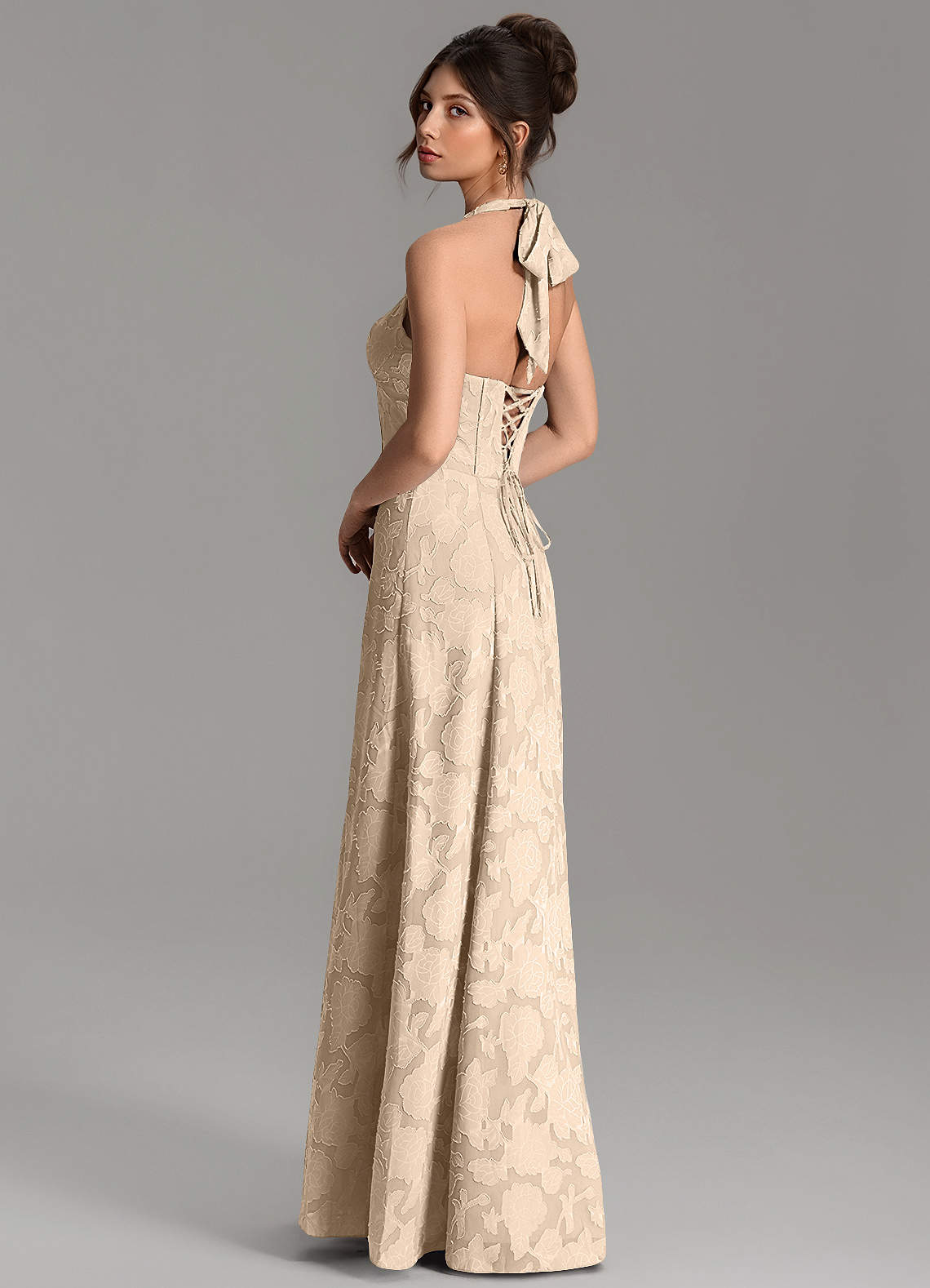 Nia A-Line V-Neck Floral Burnout Bridesmaid Dress in Champagne