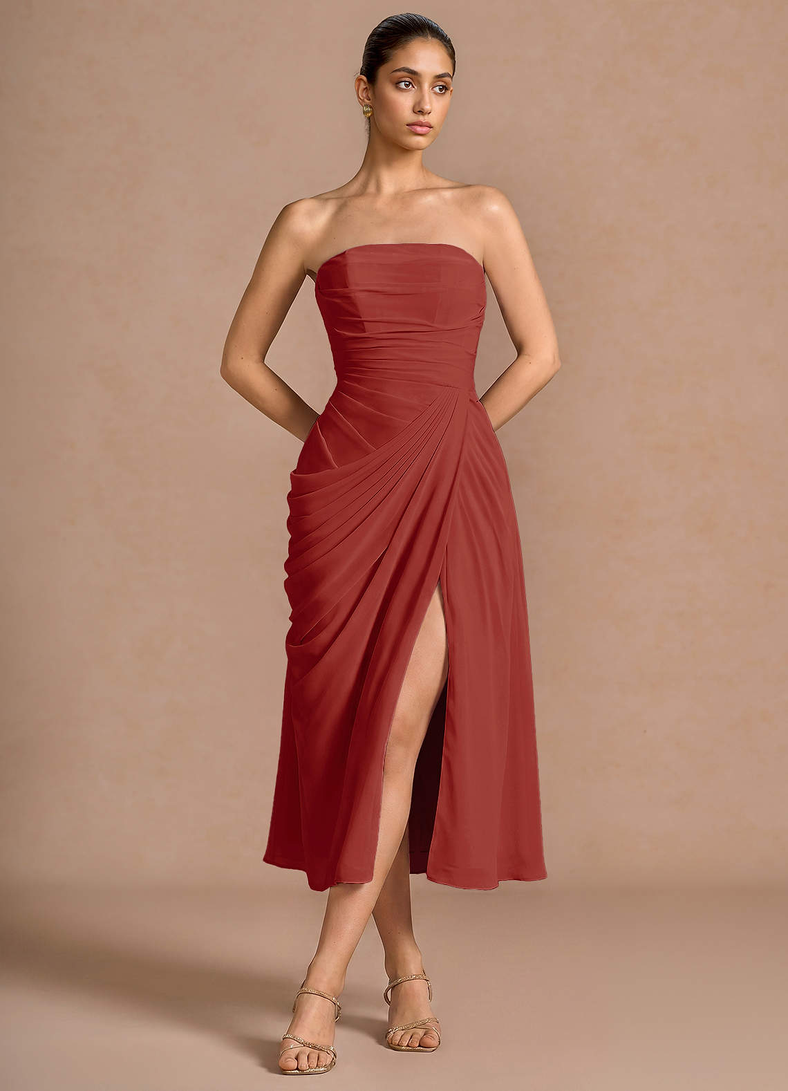 Kaavia Column Pleated Chiffon Midi Evening Dress in Dusty Blue