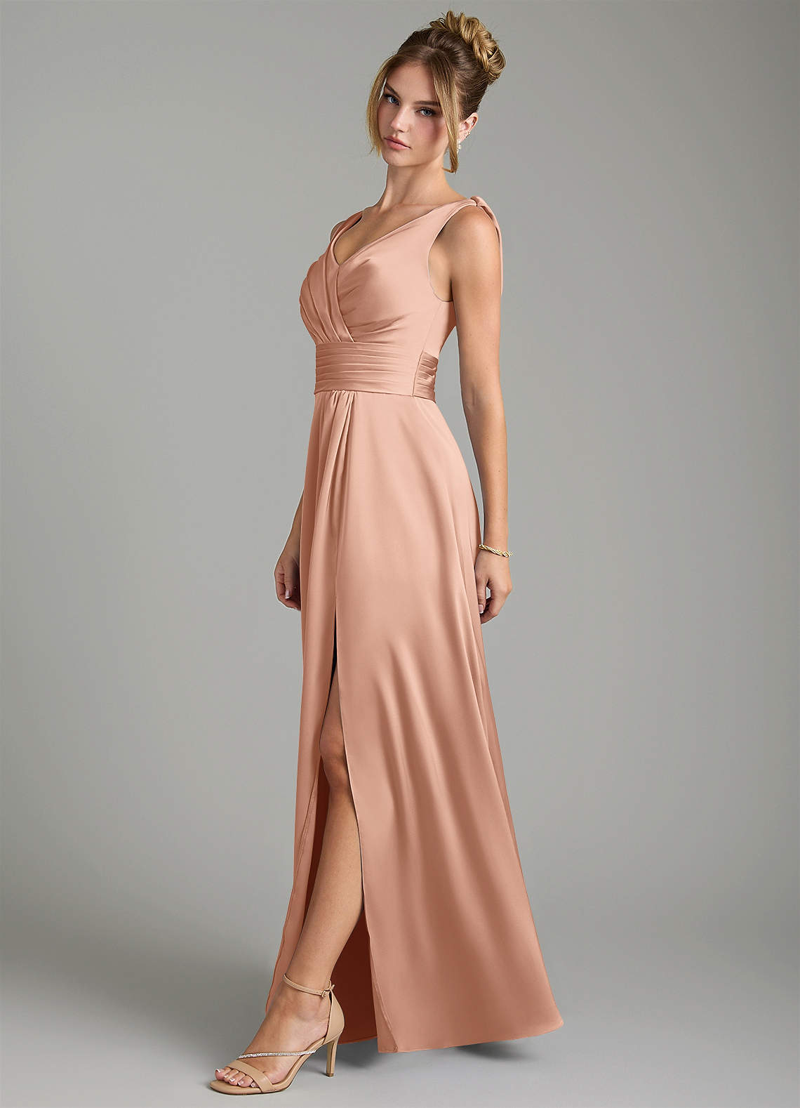 Karina A-Line V-Neck Stretch Satin Bridesmaid Dress in rose gold
