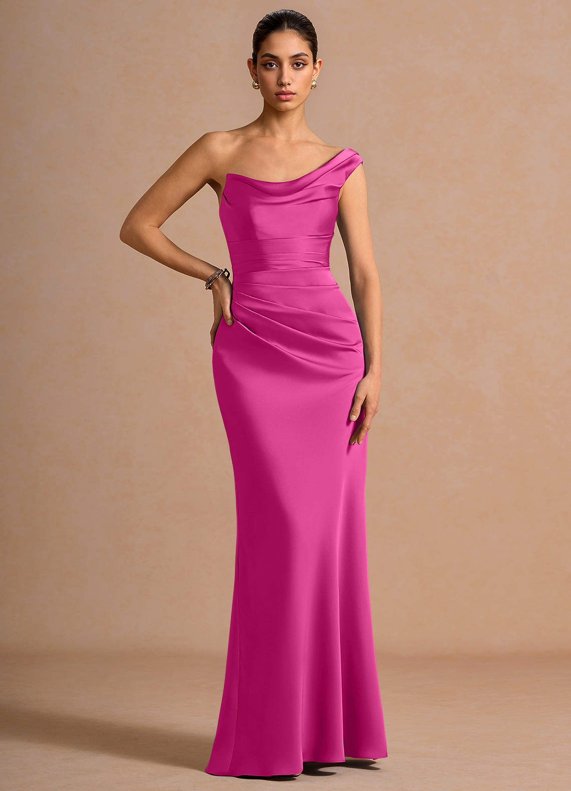 Cassiopeia One-Shoulder Draped Stretch Satin Evening Dress in Lemon Green