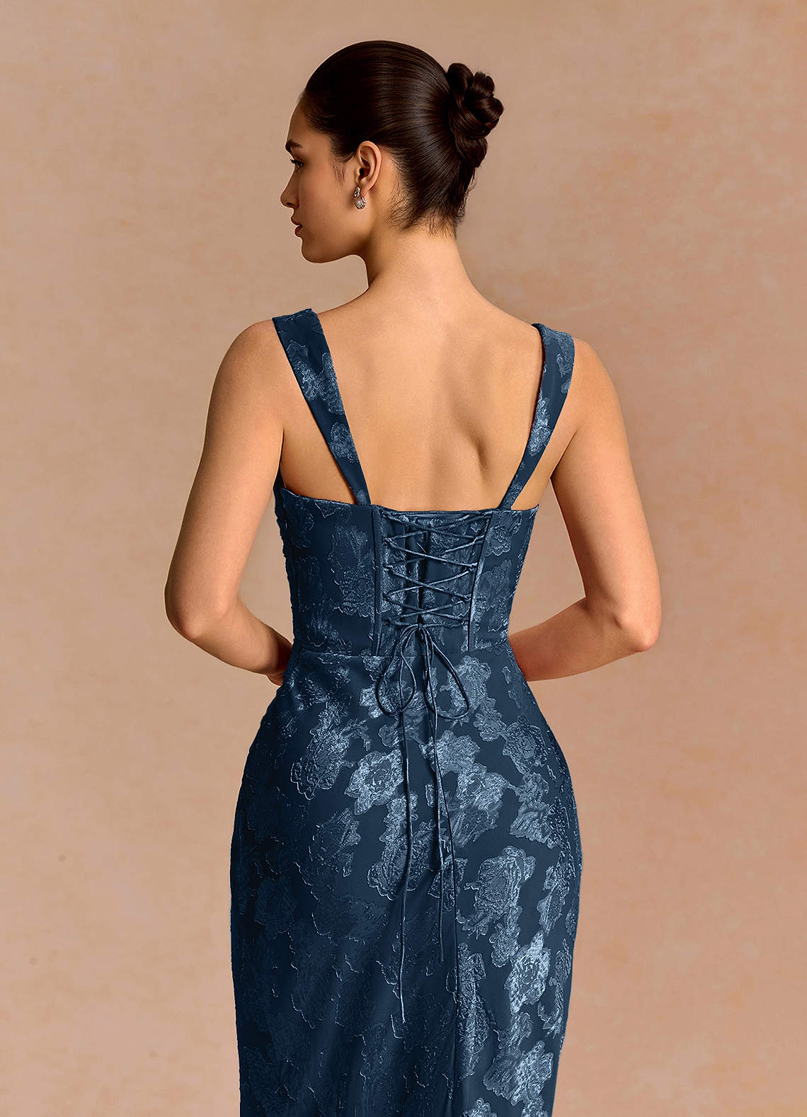 Agustina Square-Neck Pleated Fil Coupé Evening Dress in Navy