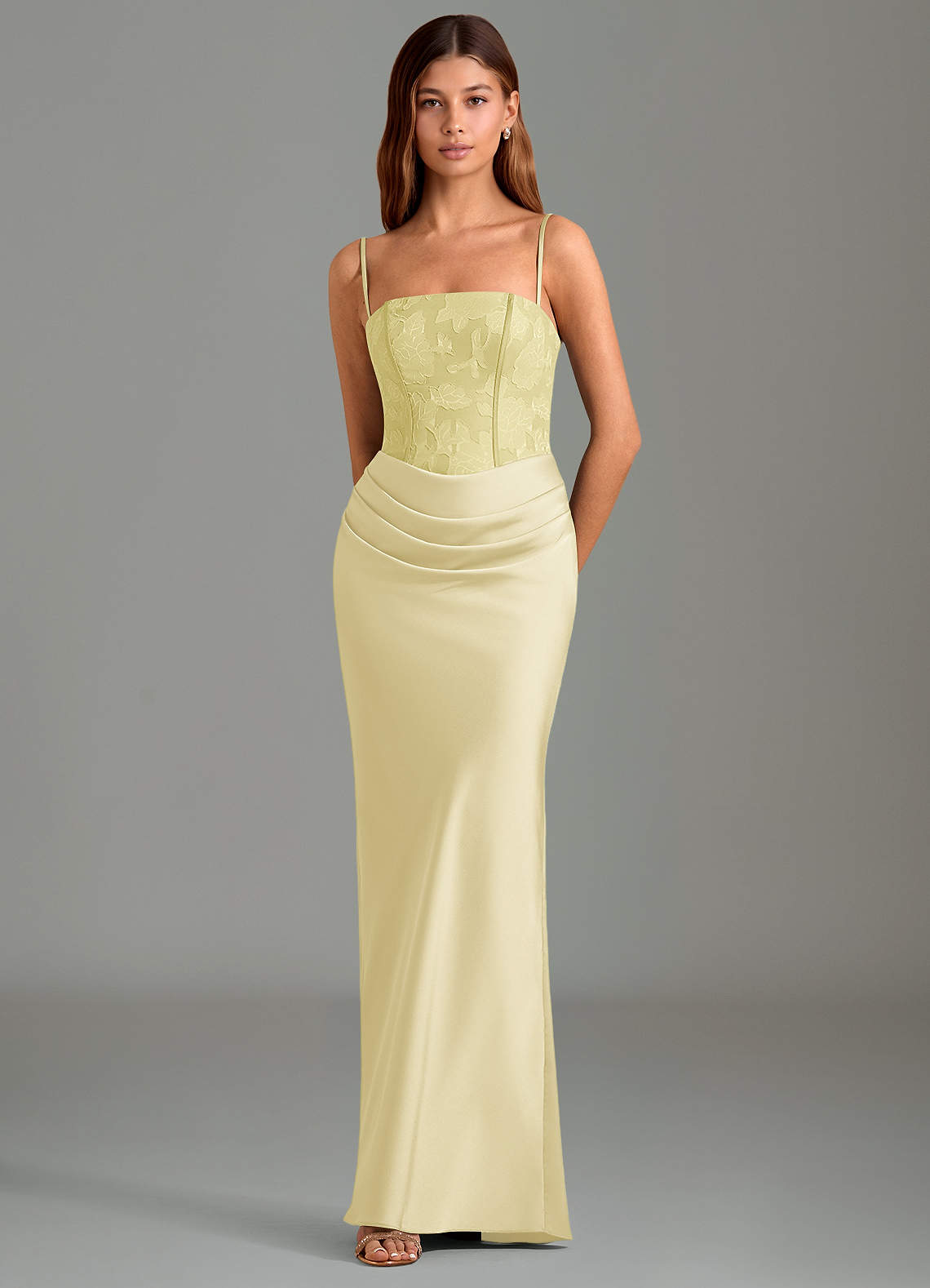 Emilia Mermaid Strapless Stretch Satin and Floral Burnout Bridesmaid Dress in Lemon Sorbet