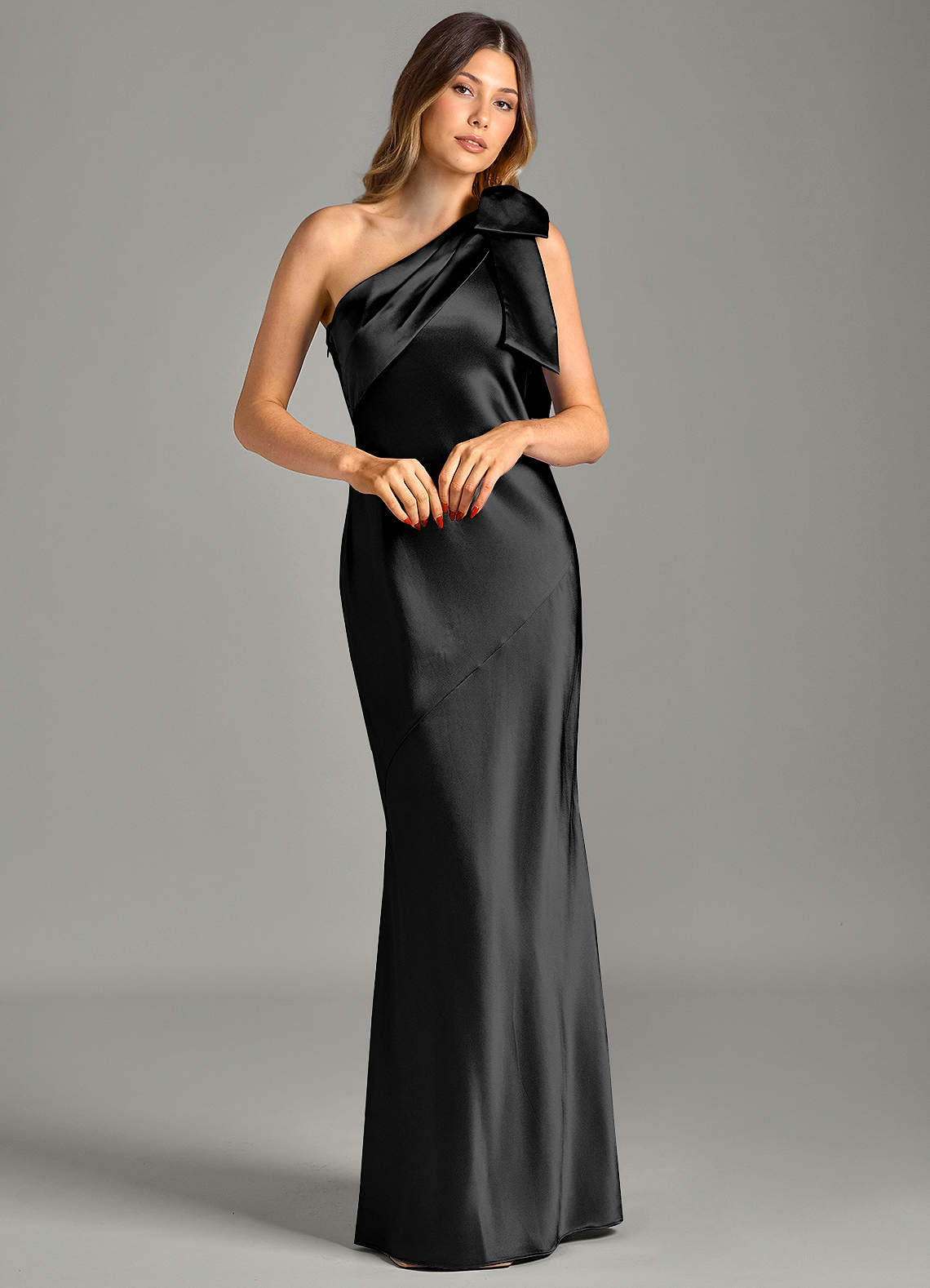 Yuanna Mermaid One-Shoulder Metallic Satin Bridesmaid Dress in black