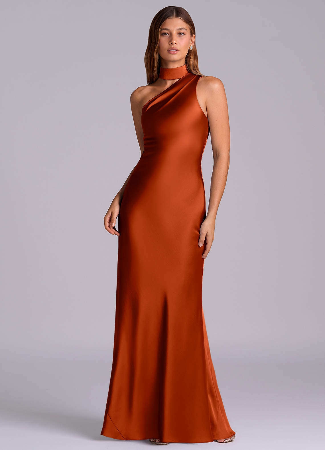 Seona Mermaid One-Shoulder Stretch Satin and Tulle Bridesmaid Dress in Paprika
