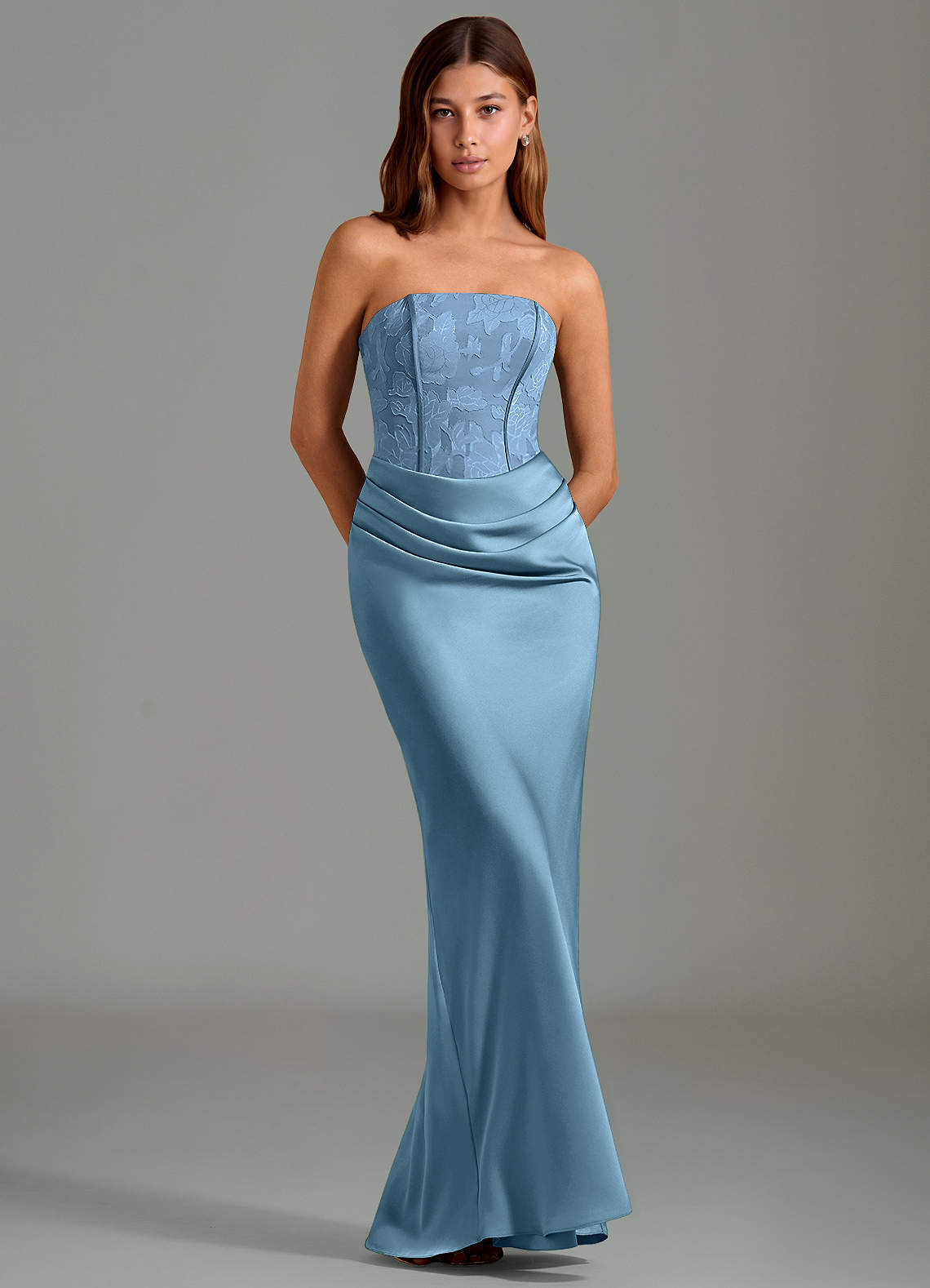 Emilia Mermaid Strapless Stretch Satin and Floral Burnout Bridesmaid Dress in Steel Blue