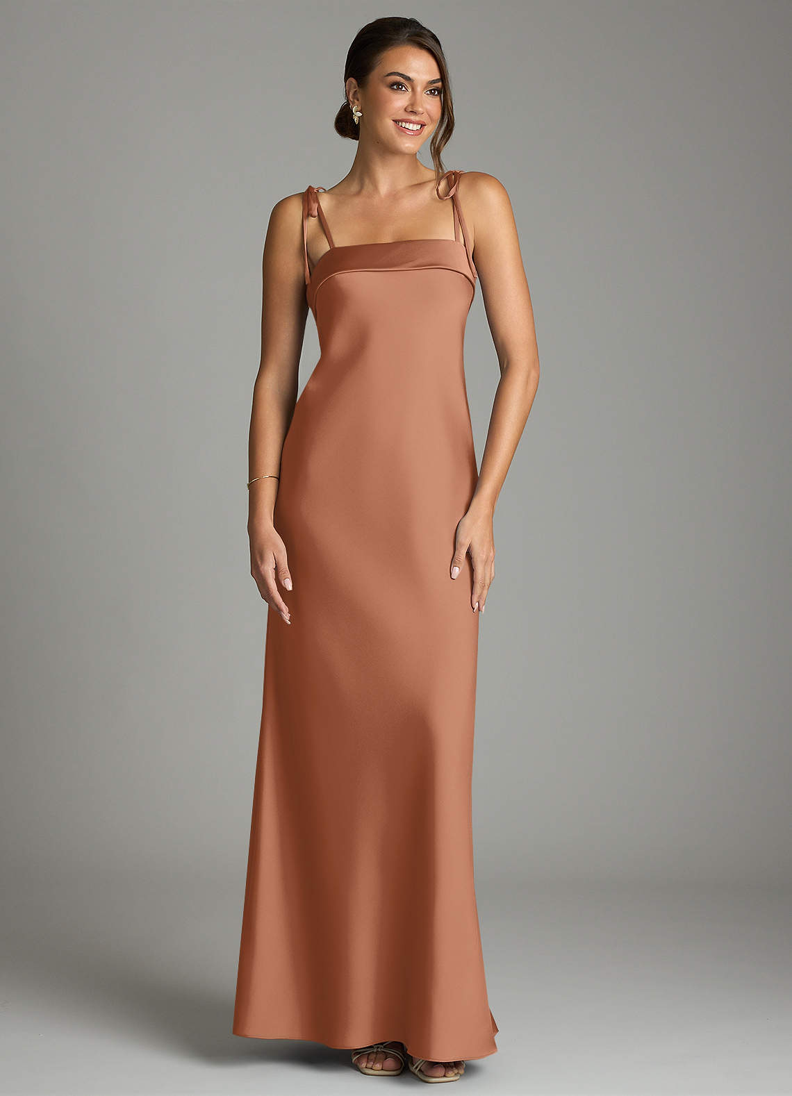 Ellia Sheath Straight-Neck Stretch Satin Bridesmaid Dress in Bronzer