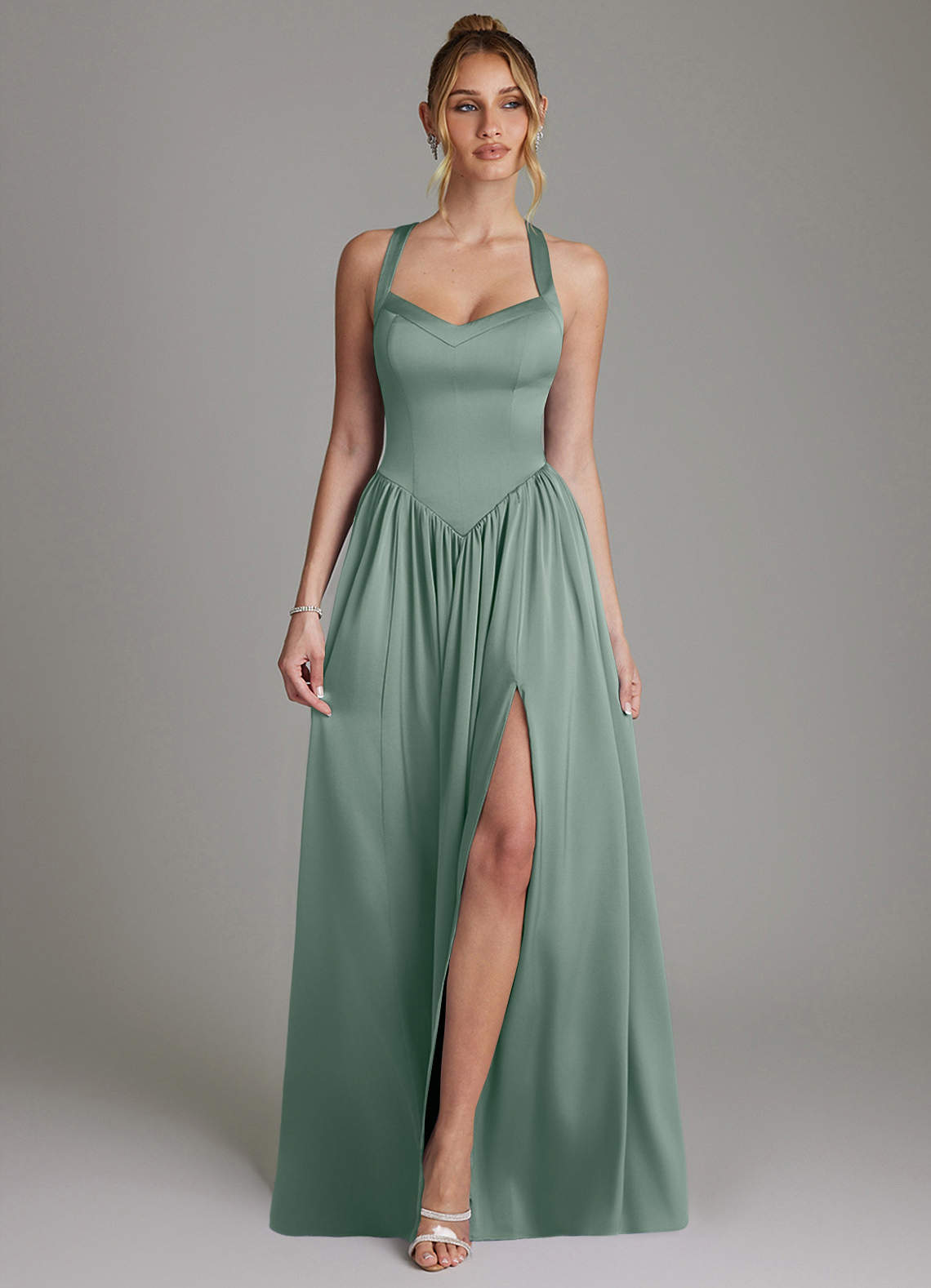 Francis A-Line V-Neck Stretch Satin Bridesmaid Dress in Silver Sage