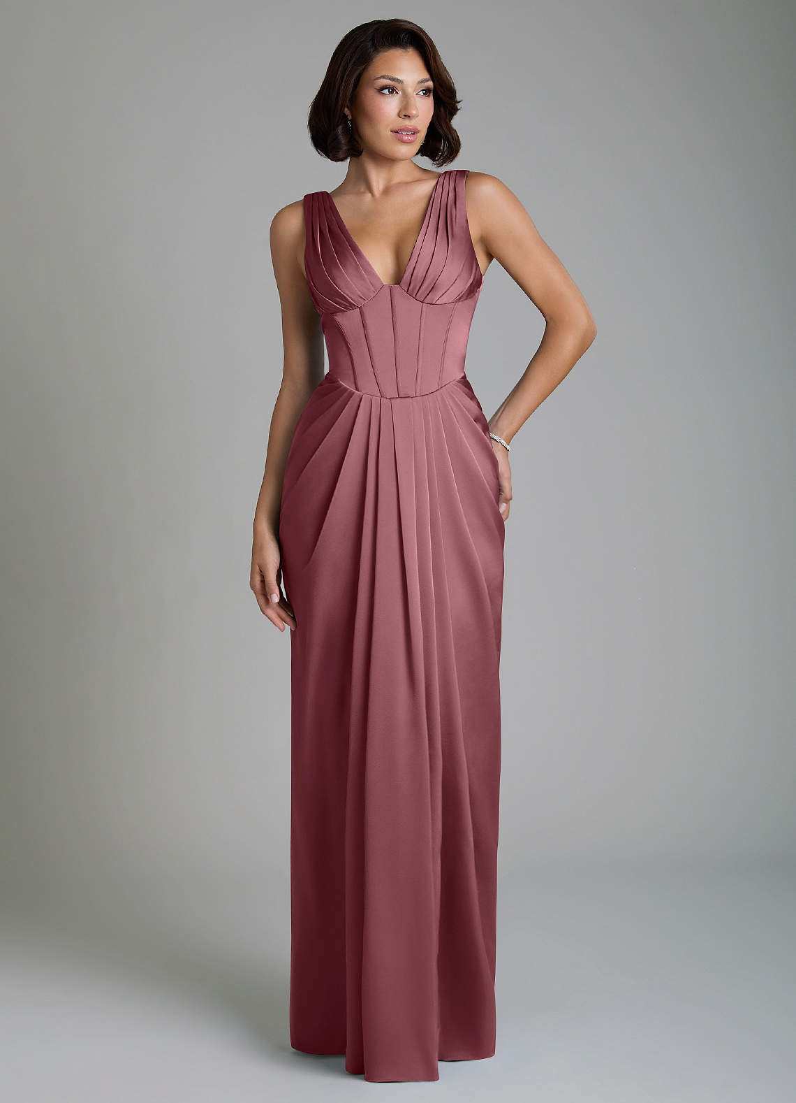 Vanya Sheath V-Neck Stretch Satin Bridesmaid Dress in Desert Rose