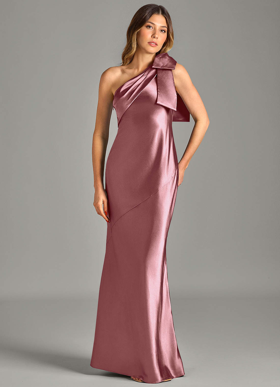 Yuanna Mermaid One-Shoulder Metallic Satin Bridesmaid Dress in Vintage Mauve