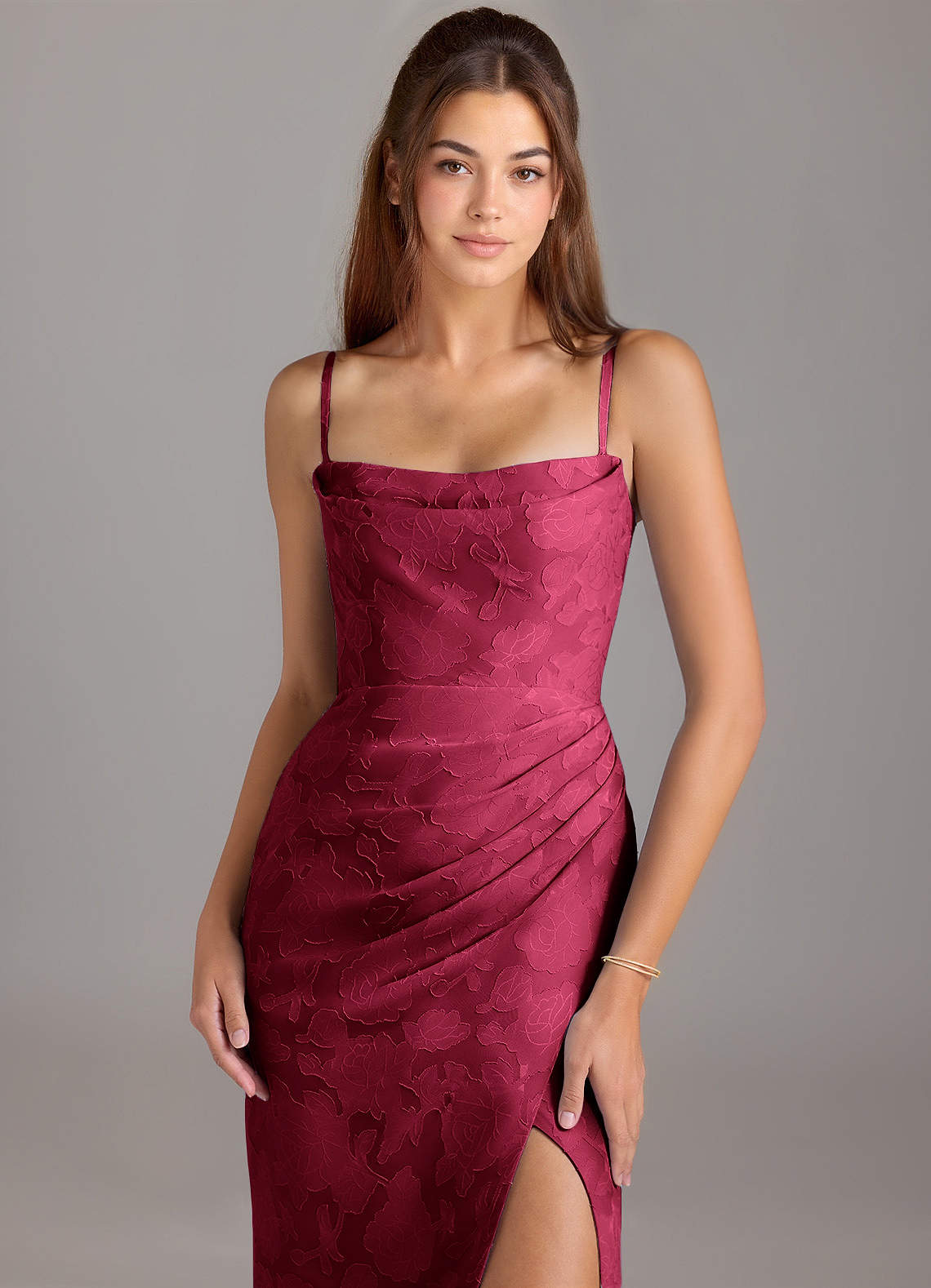 Leonis Sheath Strapless Floral Burnout Bridesmaid Dress in Burgundy