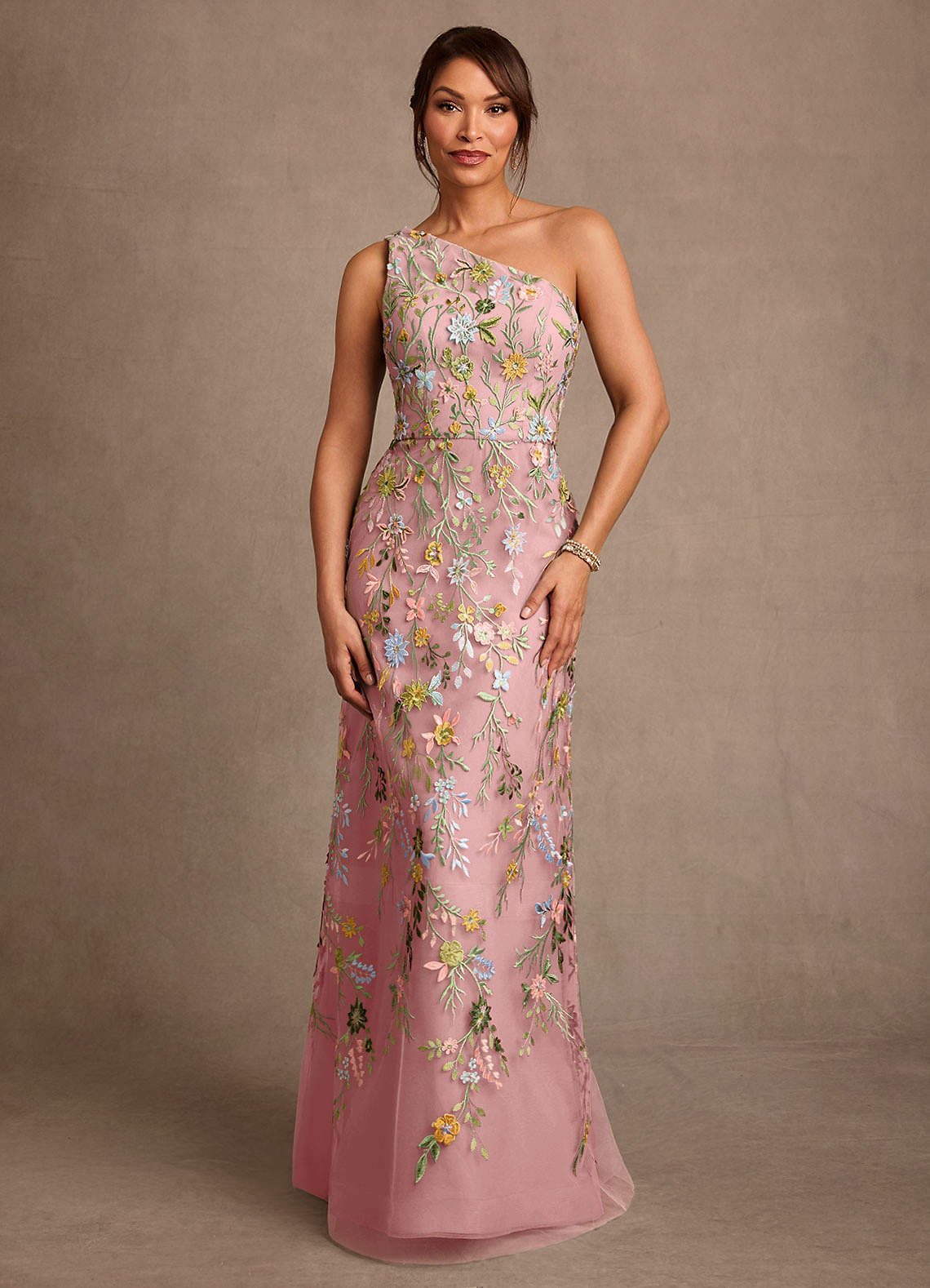 Bertie A-Line One-Shoulder Lace Mother of the Bride Dress in Dusty Rose