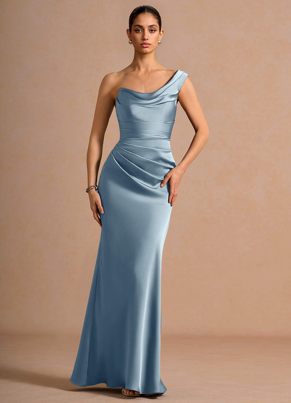 Cassiopeia One-Shoulder Draped Stretch Satin Evening Dress in Powder Blue