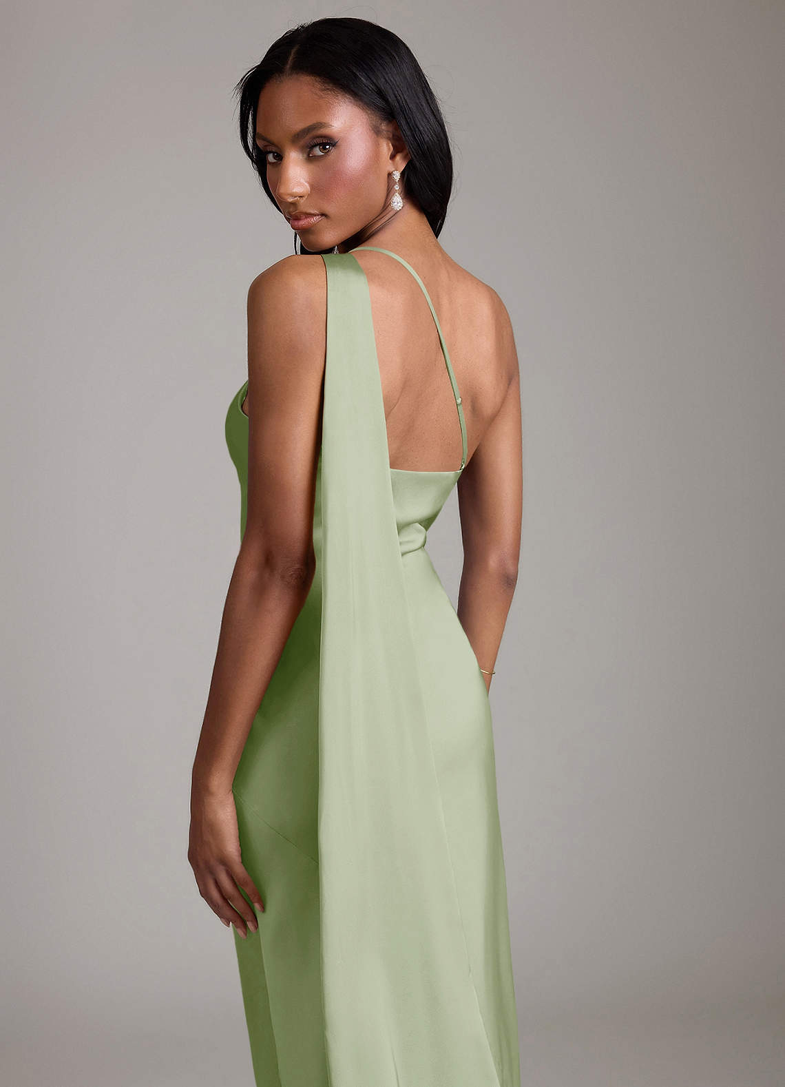 Juniper Mermaid One-Shoulder Stretch Satin Bridesmaid Dress in Dusty Sage