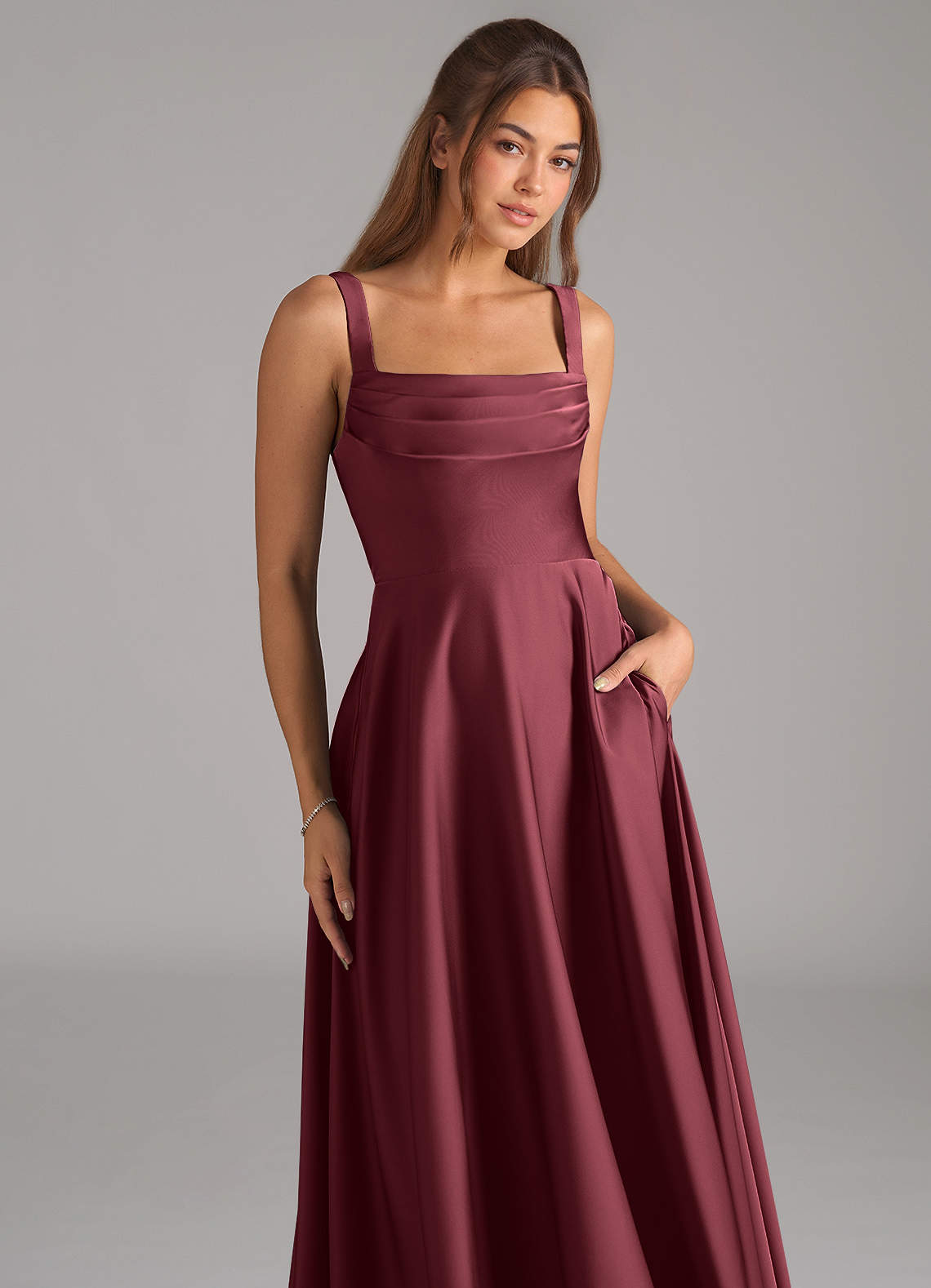 Shaude A-Line Square-Neck Stretch Satin Bridesmaid Dress in Merlot