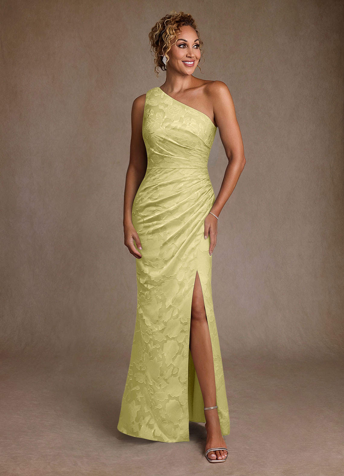 Joylin Trumpet One-Shoulder Floral Burnout Mother of the Bride Dress in Lemon Sorbet