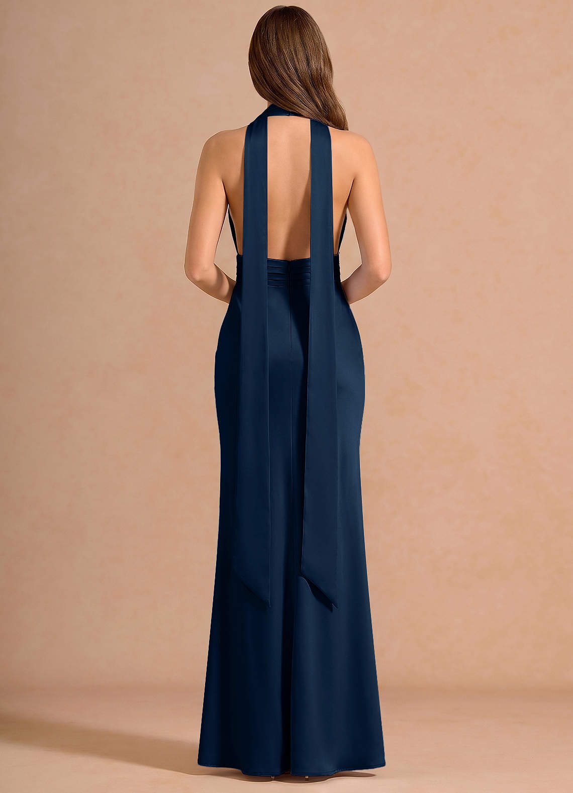 Linnea A-Line V-Neck Stretch Satin Evening Dress in Navy