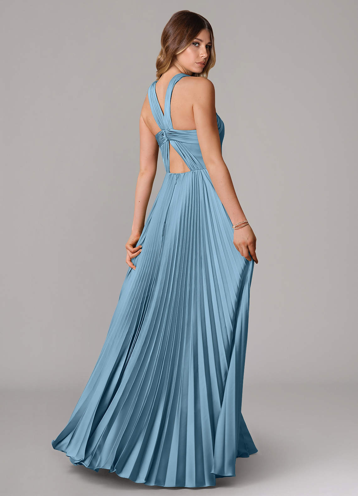 Afra A-Line Halter-Neck Stretch Satin Bridesmaid Dress in Steel Blue