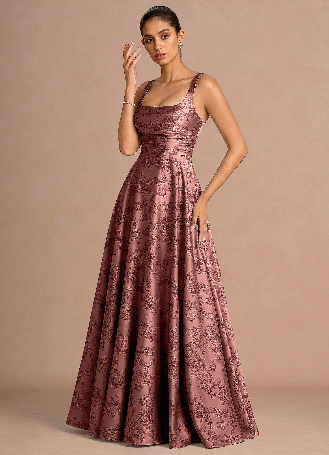 Azaria A-Line Square-Neck Jacquard Evening Dress in Vintage Rose