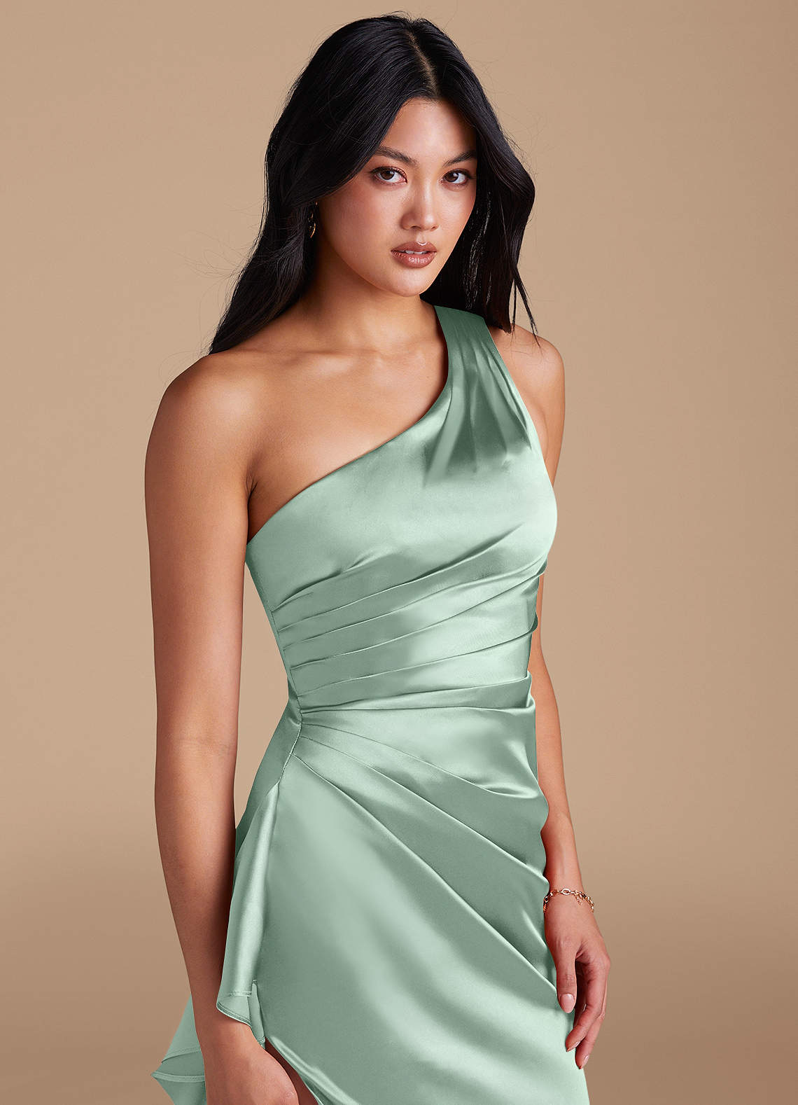 Latrice Sheath One-Shoulder Metallic Satin Bridesmaid Dress in Agave