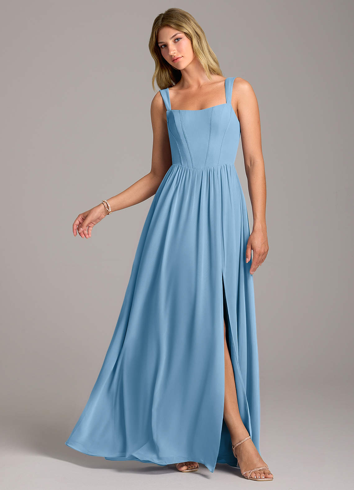 Rosaline A-Line Square-Neck Chiffon Bridesmaid Dress in Steel Blue