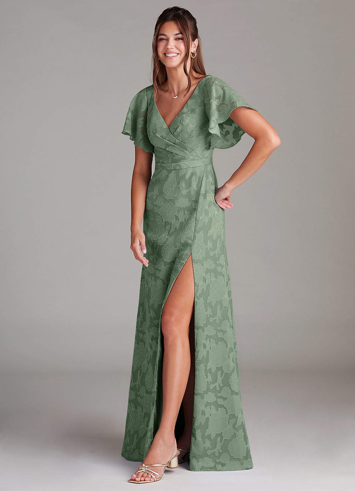Ambrosia A-Line V-Neck Floral Burnout Bridesmaid Dress in Matcha