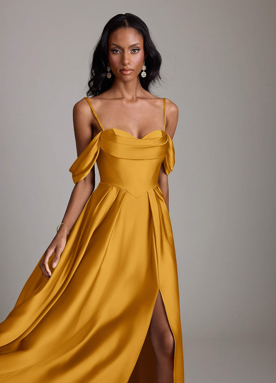 Loisa A-Line Off-the-Shoulder Stretch Satin Bridesmaid Dress in butterscotch