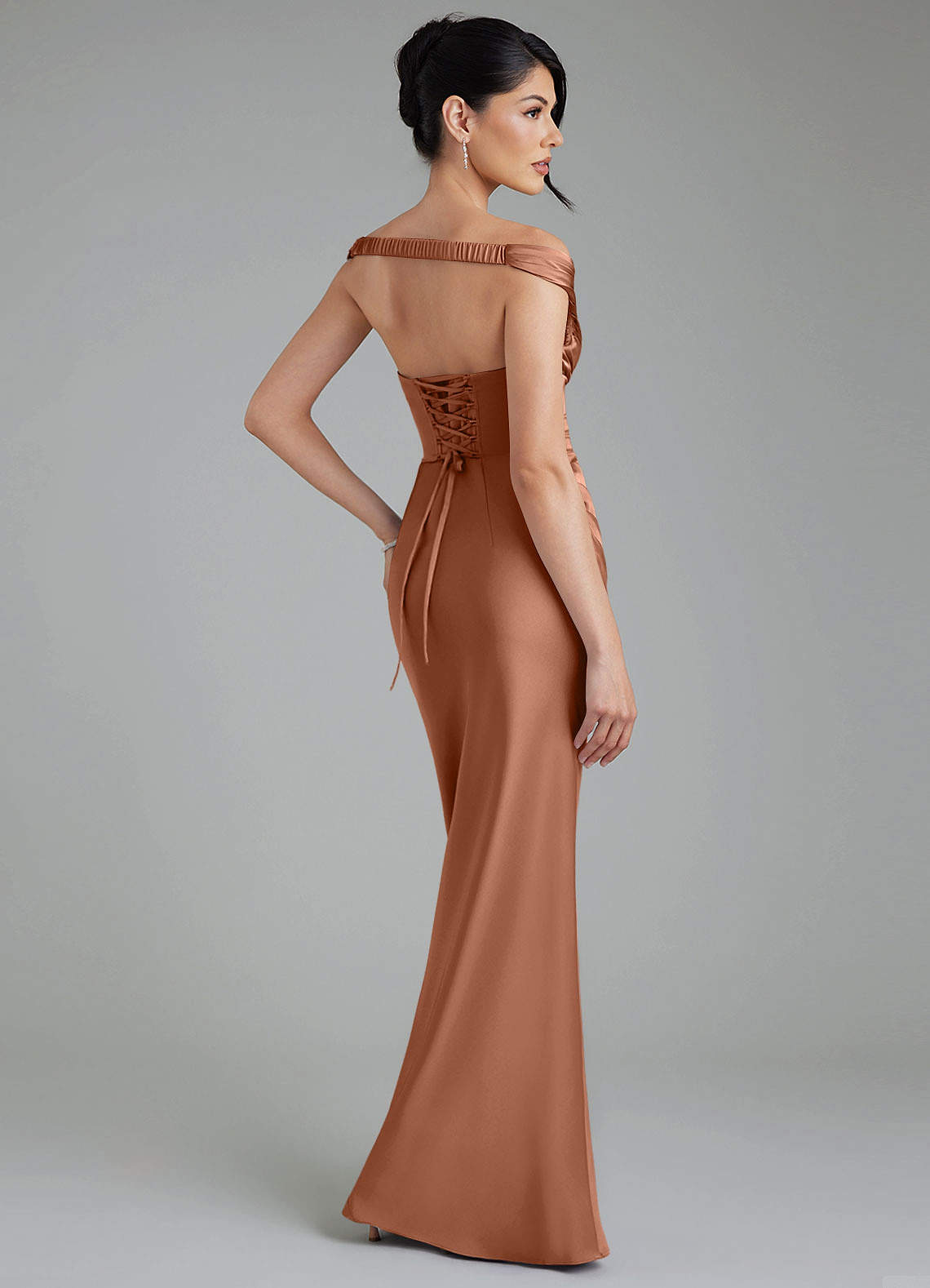 Stella Sheath V-Neck Stretch Satin Bridesmaid Dress in Bronzer
