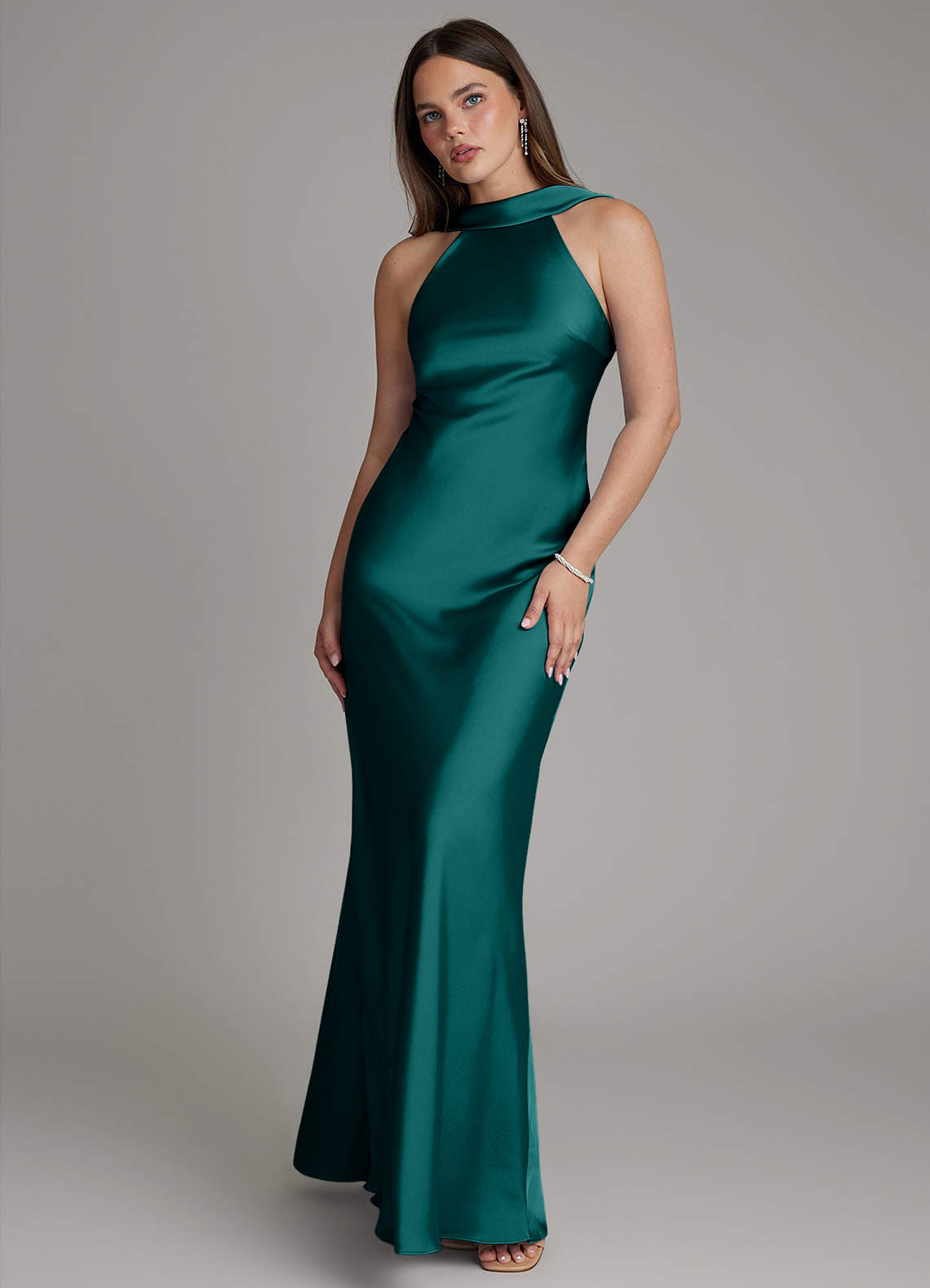 Dimitra Sheath Halter Stretch Satin Bridesmaid Dress in Peacock