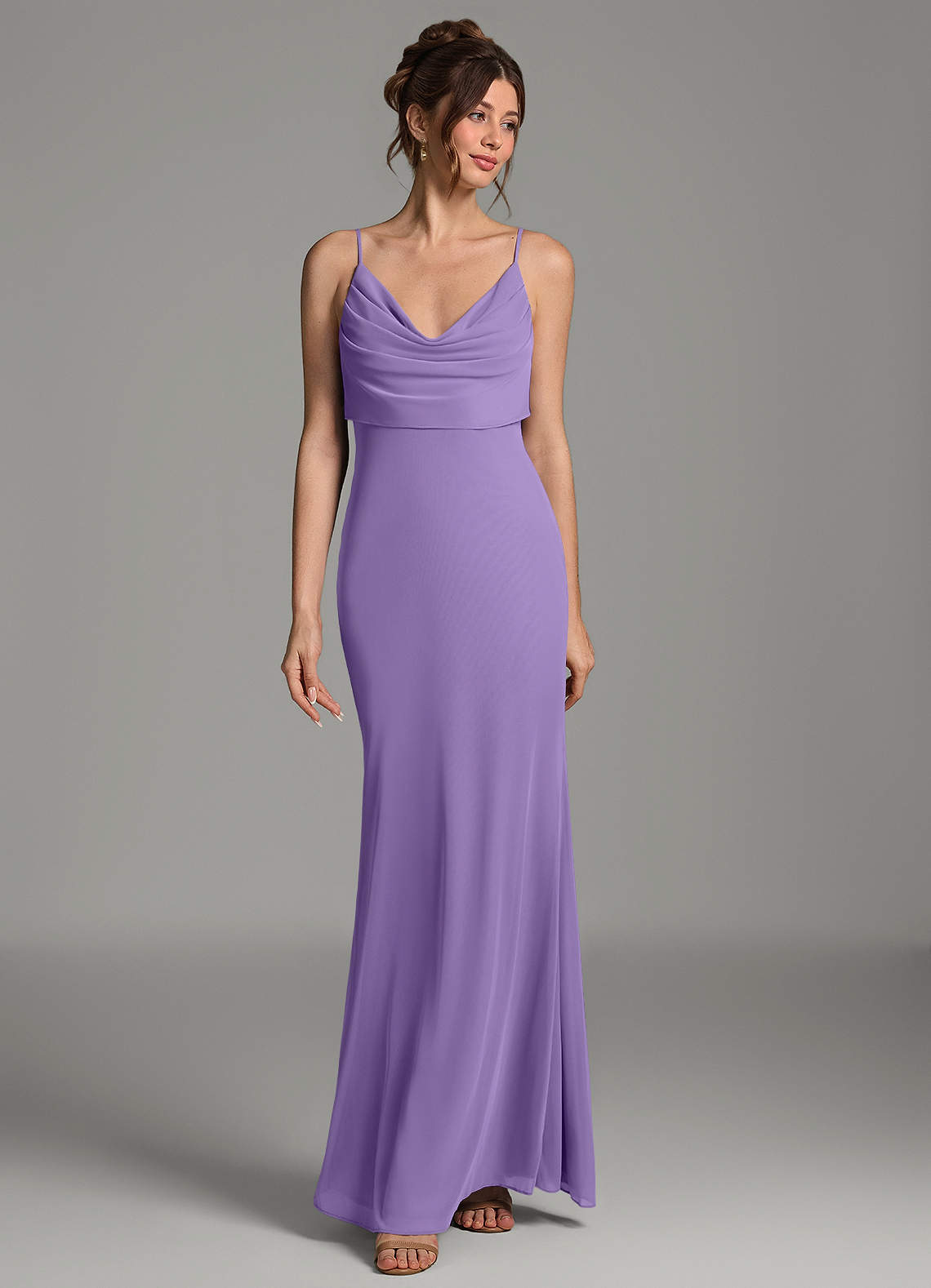Zari Mermaid Cowl-Neck Mesh Bridesmaid Dress in Tahiti