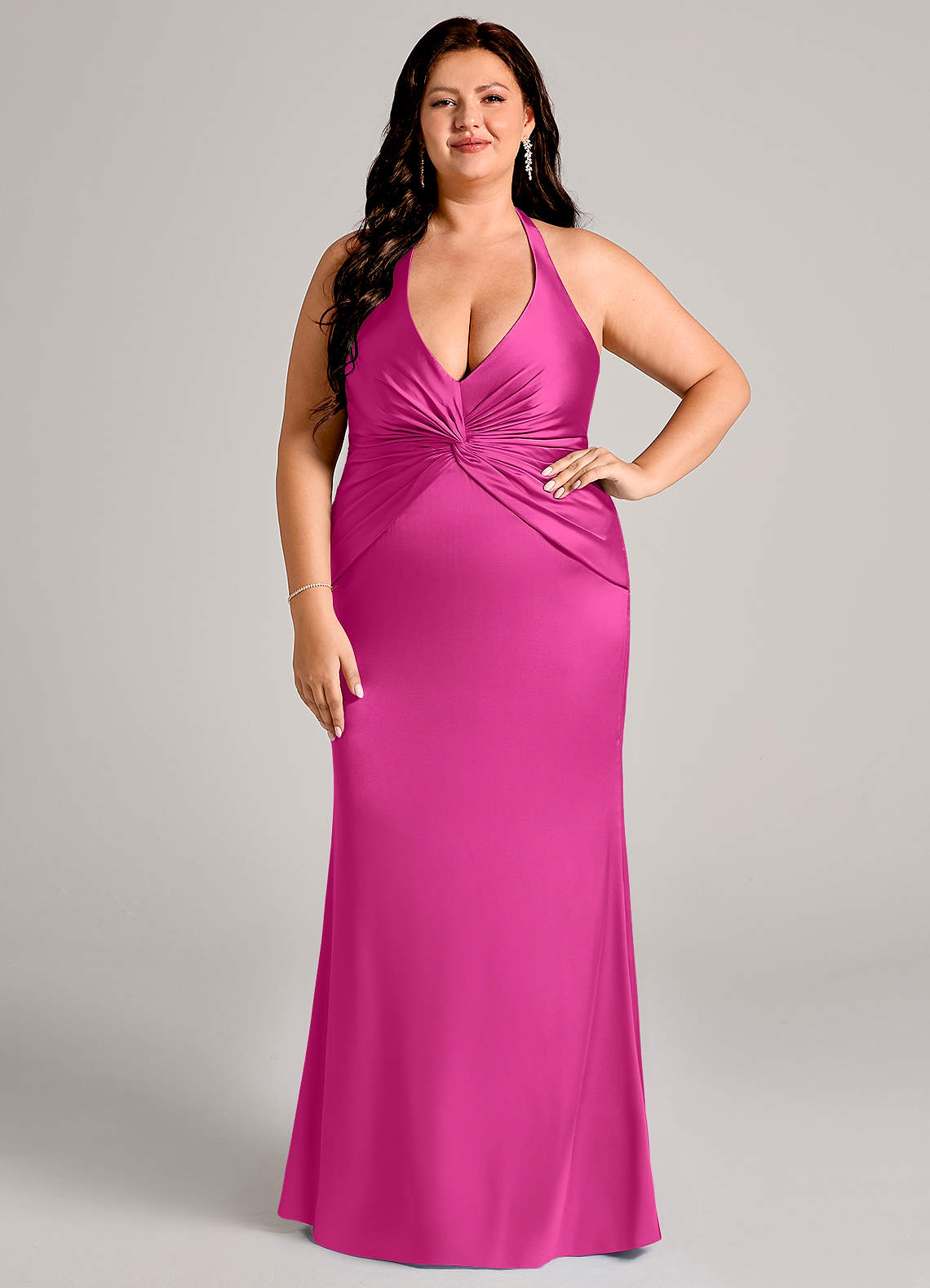 Valerie Mermaid V-Neck Stretch Satin Bridesmaid Dress in Fuchsia