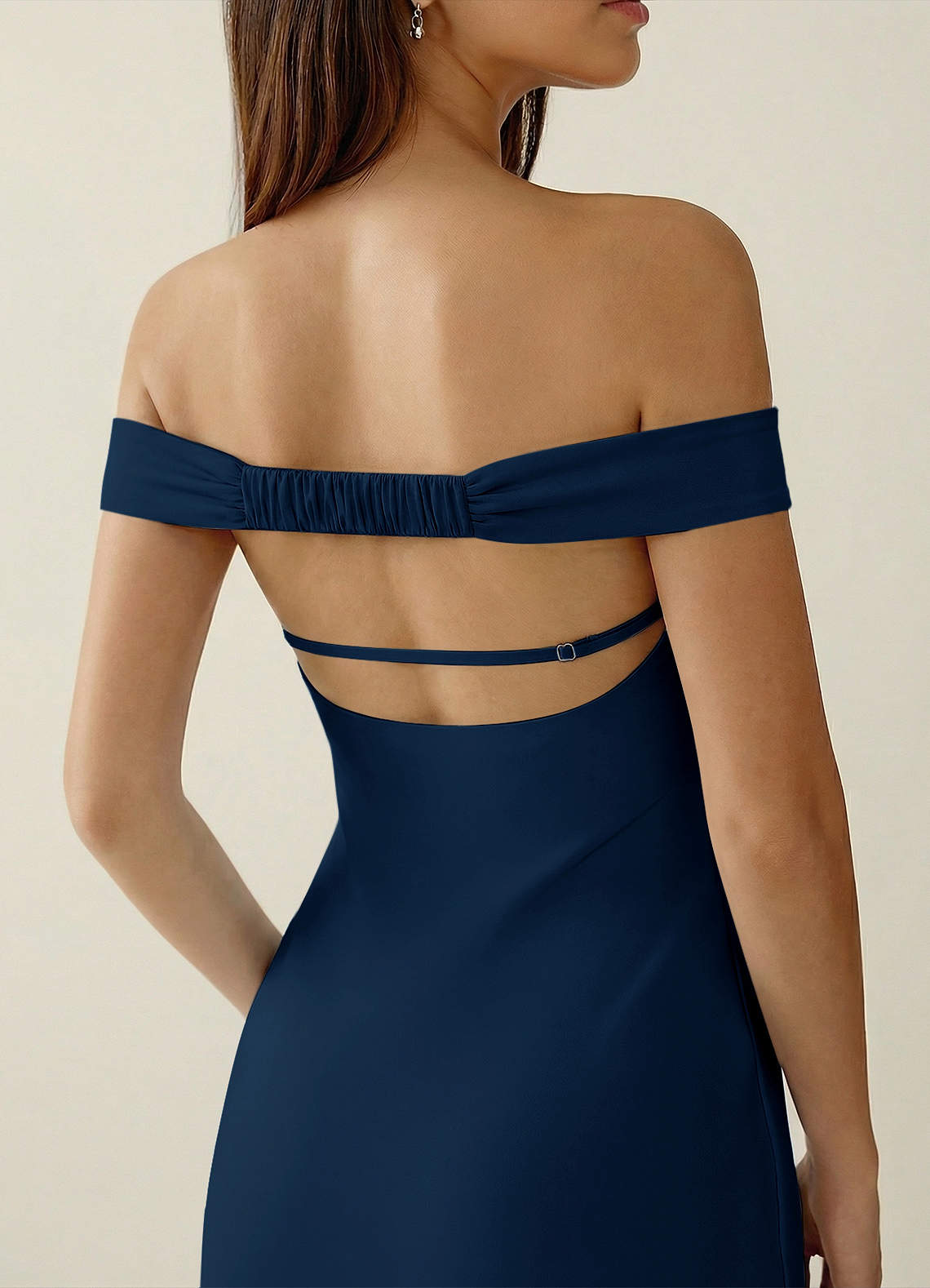 Gwendonme Sheath Off-the-Shoulder Satin Crystal Linen Evening Dress in Navy