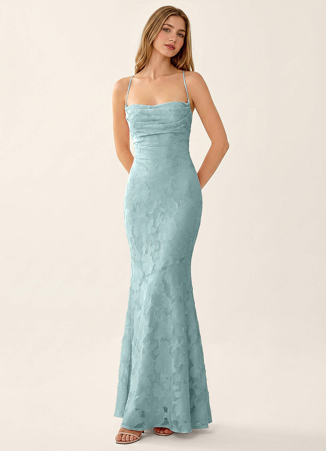 Natasha Mermaid Spaghetti-Strap Floral Burnout Evening Dress in Mist