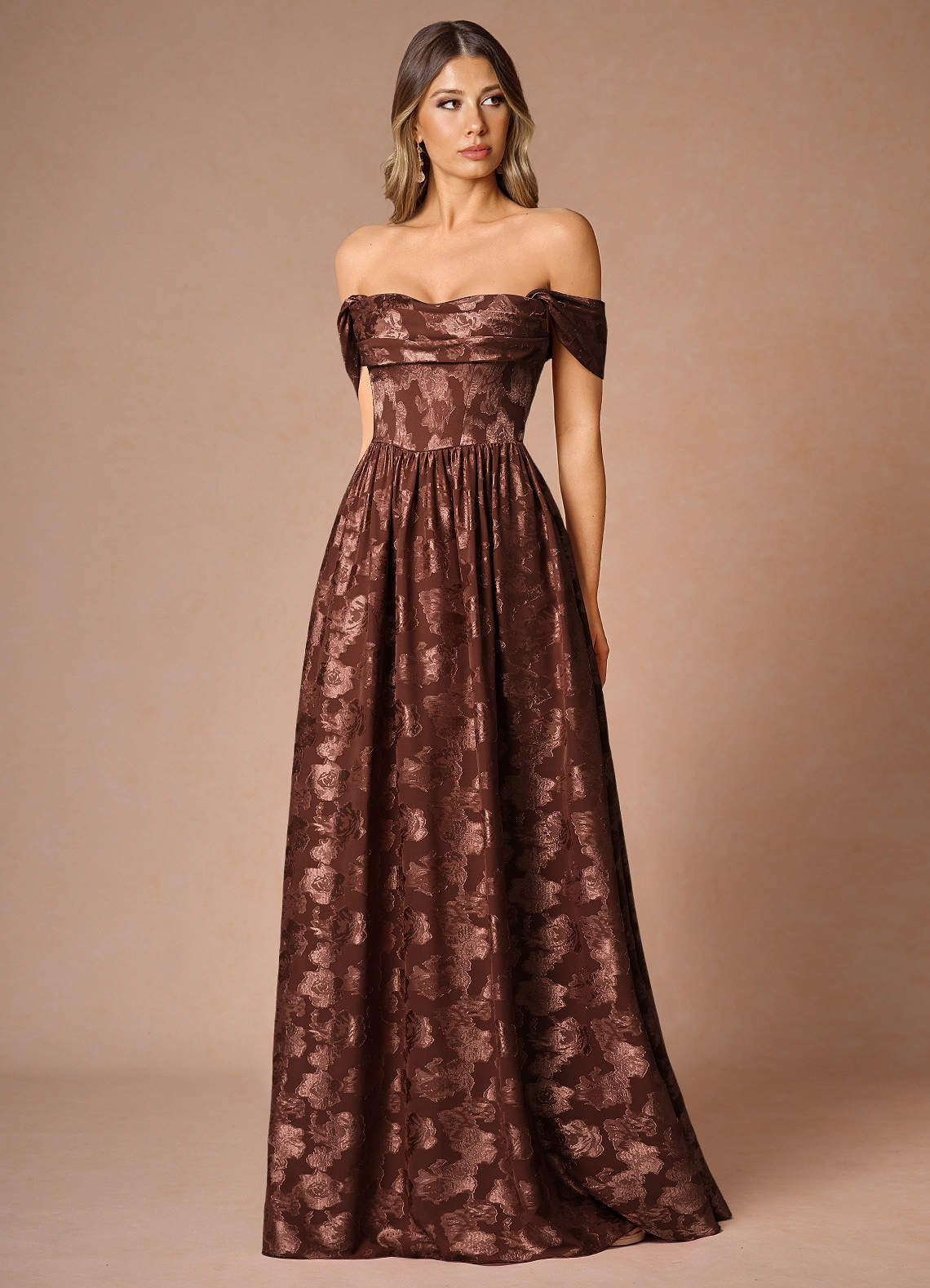 Hazel A-Line Cowl-Neck Fil Coupé Wedding Guest Dress in Mocha Coco