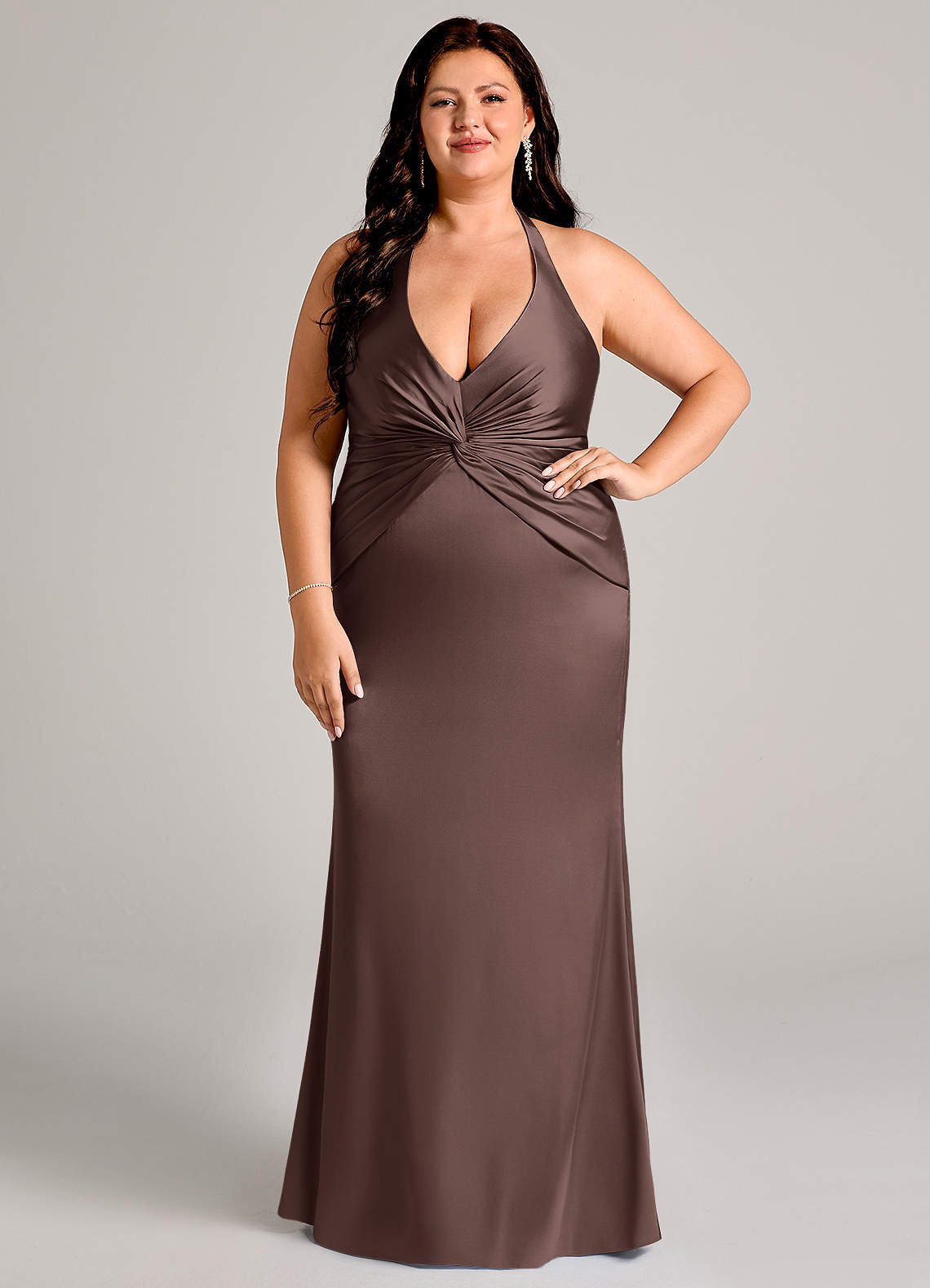 Valerie Mermaid V-Neck Stretch Satin Bridesmaid Dress in Ganache