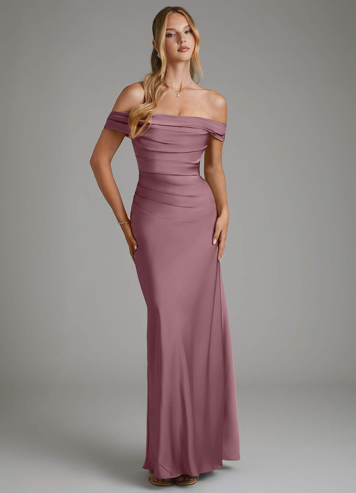 Hayden Mermaid Off-the-Shoulder Stretch Satin Bridesmaid Dress in Amethyst