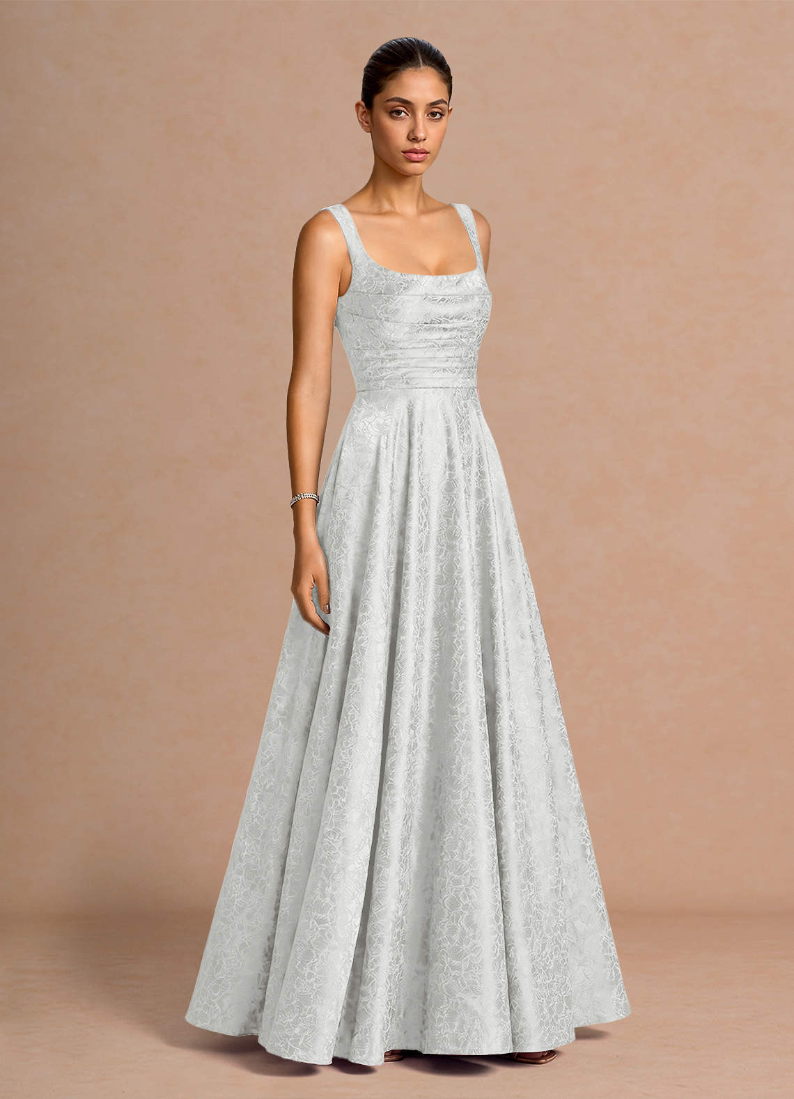 Elowena A-Line Square-Neck Satin Jacquard Evening Dress in Cream