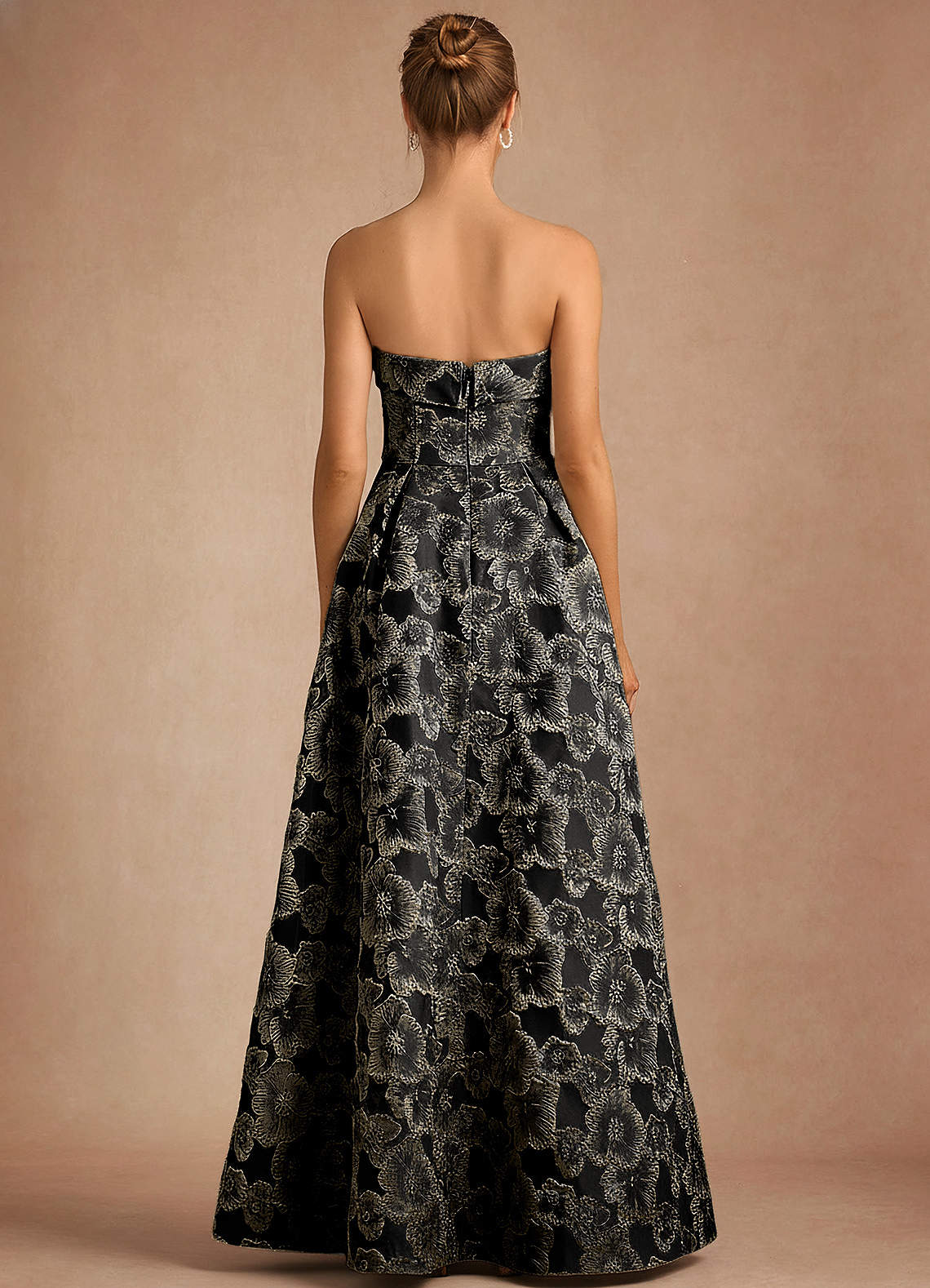 Florentine A-Line Bandeau Jacquard Taffeta Evening Dress in Black