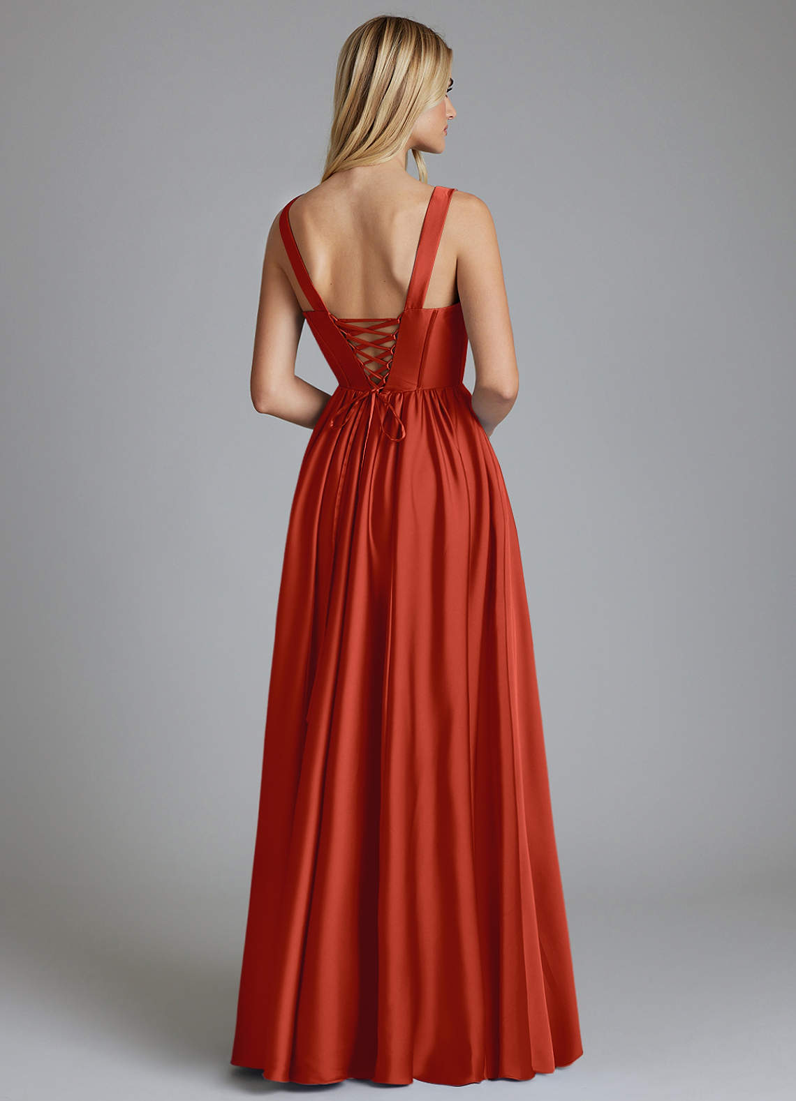 Delmie A-Line V-Neck Stretch Satin Bridesmaid Dress in Rust