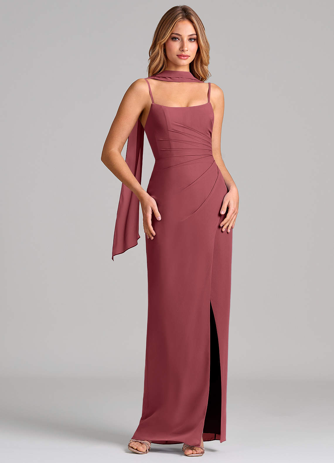 Calandra Sheath Scoop-Neck Chiffon Bridesmaid Dress in Merlot