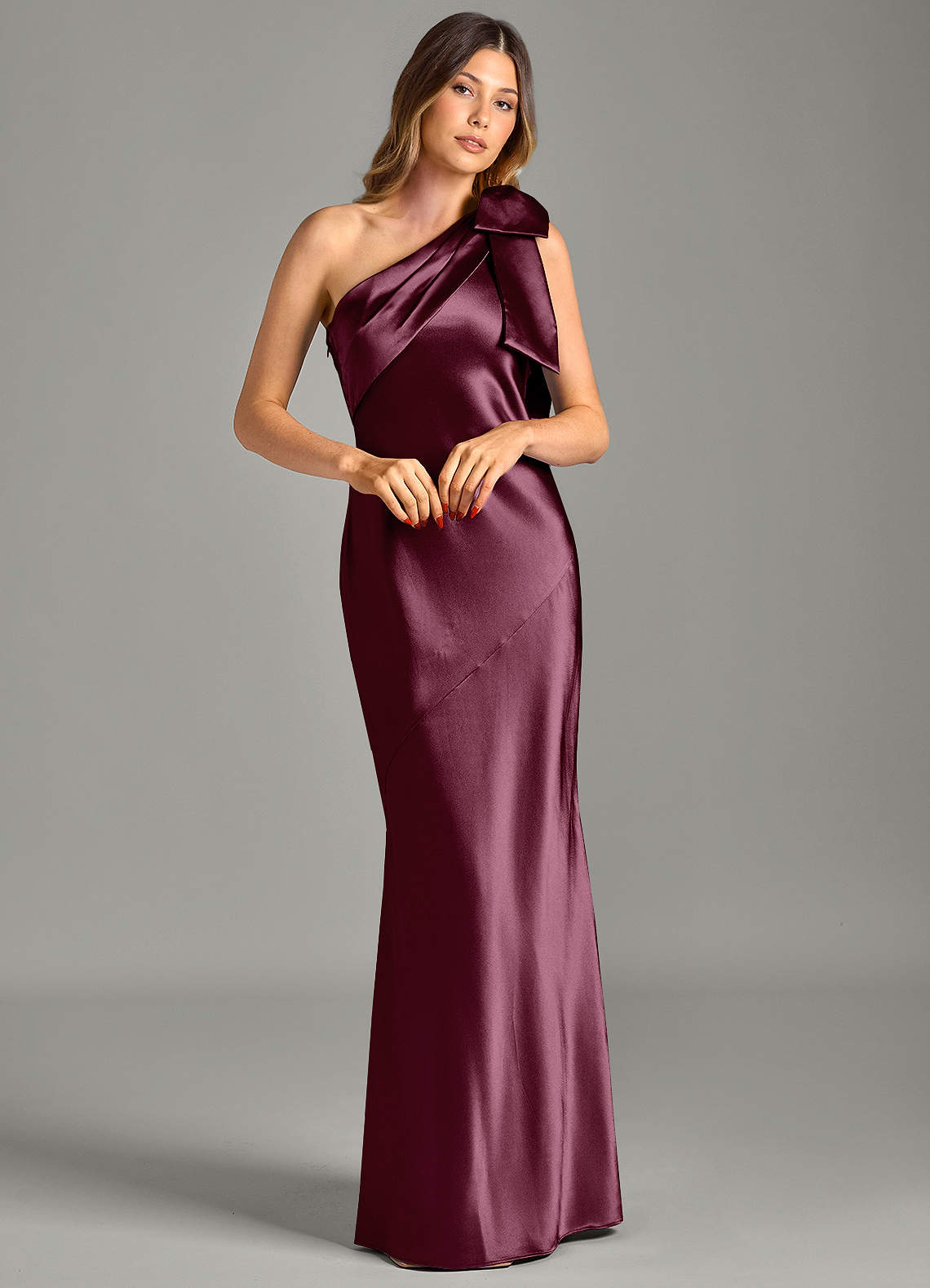 Yuanna Mermaid One-Shoulder Metallic Satin Bridesmaid Dress in Cabernet