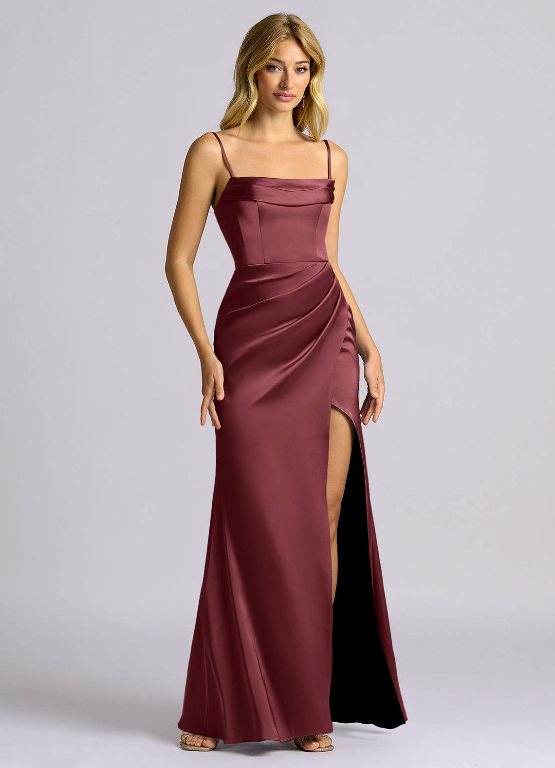 Auden Sheath Off-the-Shoulder Stretch Satin Bridesmaid Dress in Merlot