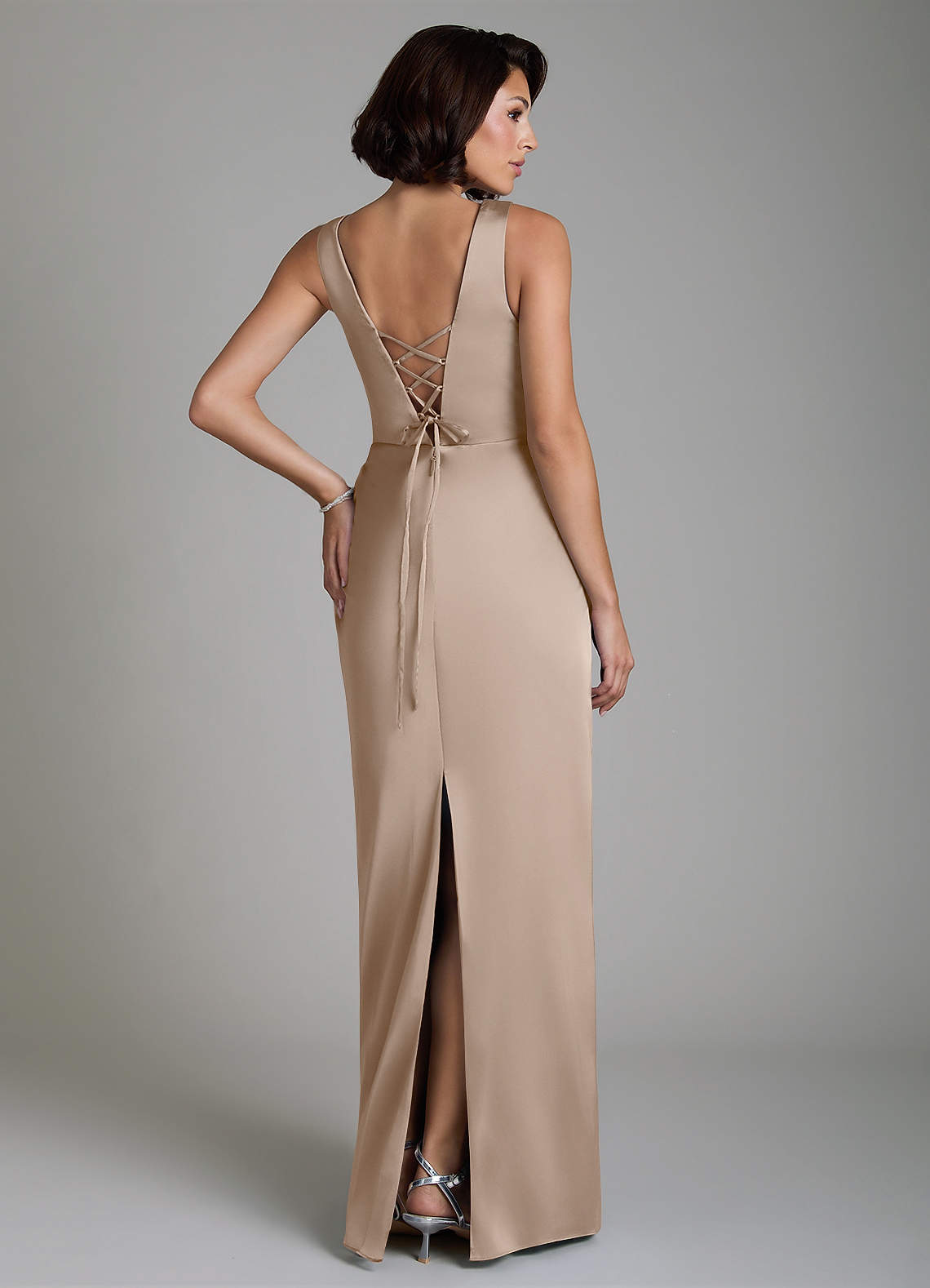 Vanya Sheath V-Neck Stretch Satin Bridesmaid Dress in Taupe