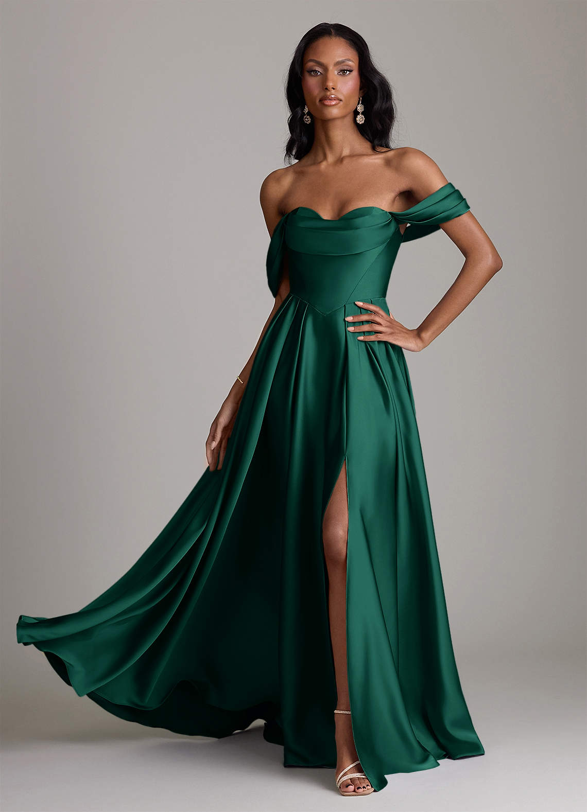 Loisa A-Line Off-the-Shoulder Stretch Satin Bridesmaid Dress in Emerald