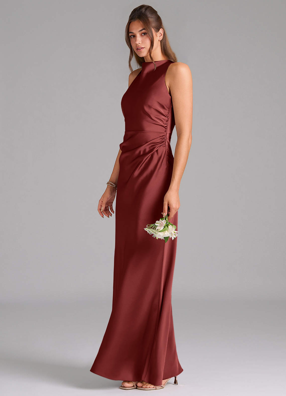 Evadne Sheath Scoop-Neck Stretch Satin Bridesmaid Dress in Terracotta
