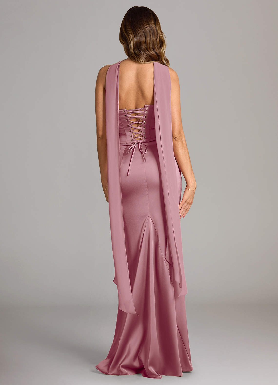 Sorrel Mermaid Cowl-Neck Stretch Satin and Chiffon Bridesmaid Dress in Vintage Mauve