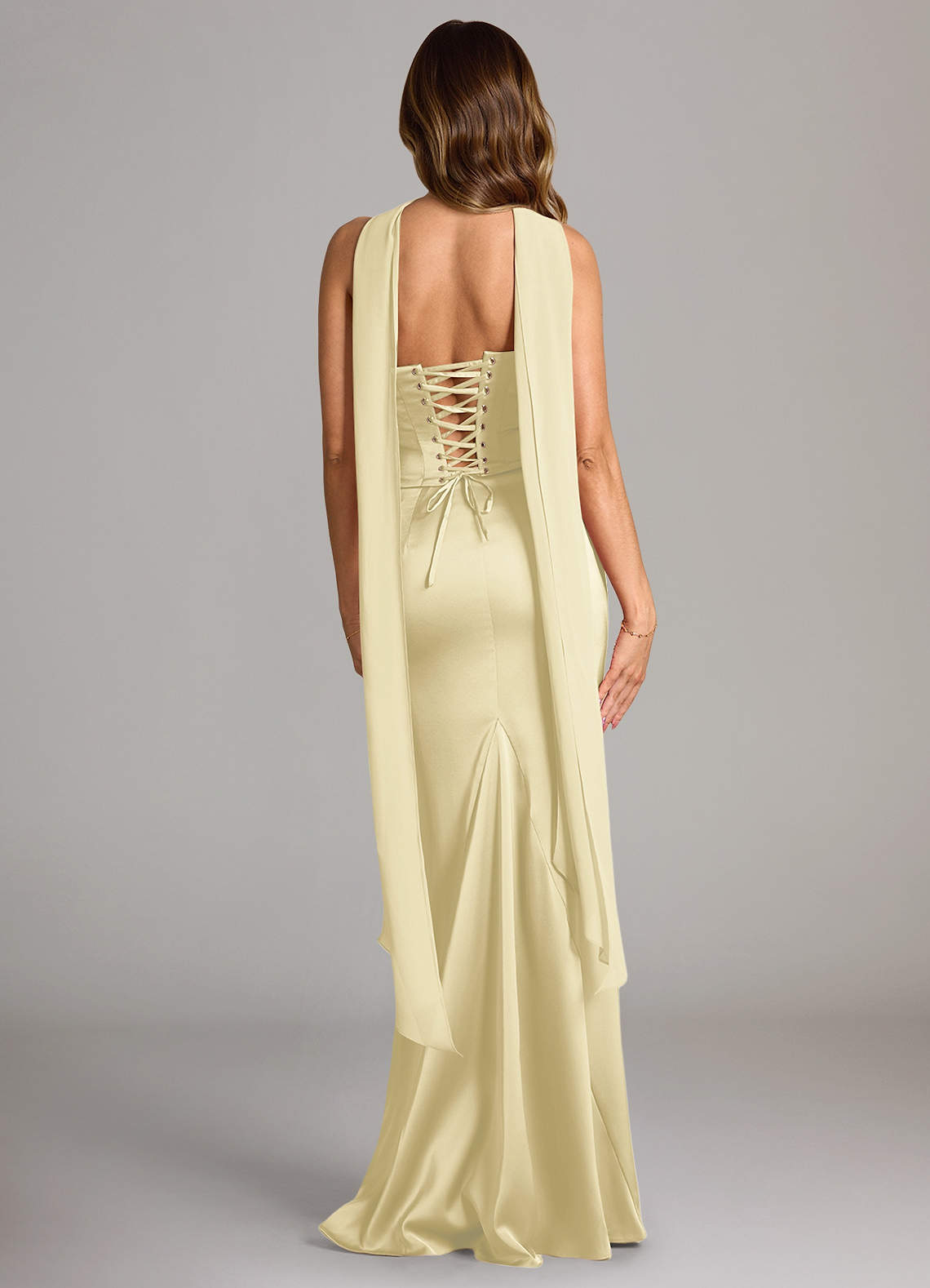 Sorrel Mermaid Cowl-Neck Stretch Satin and Chiffon Bridesmaid Dress in Lemon Sorbet