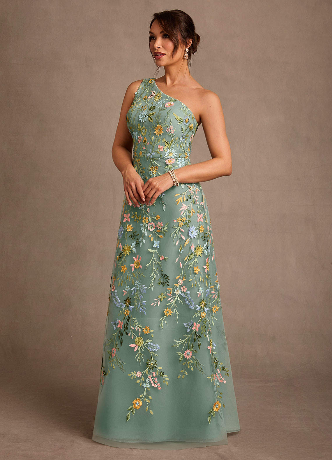 Bertie A-Line One-Shoulder Lace Mother of the Bride Dress in Silver Sage