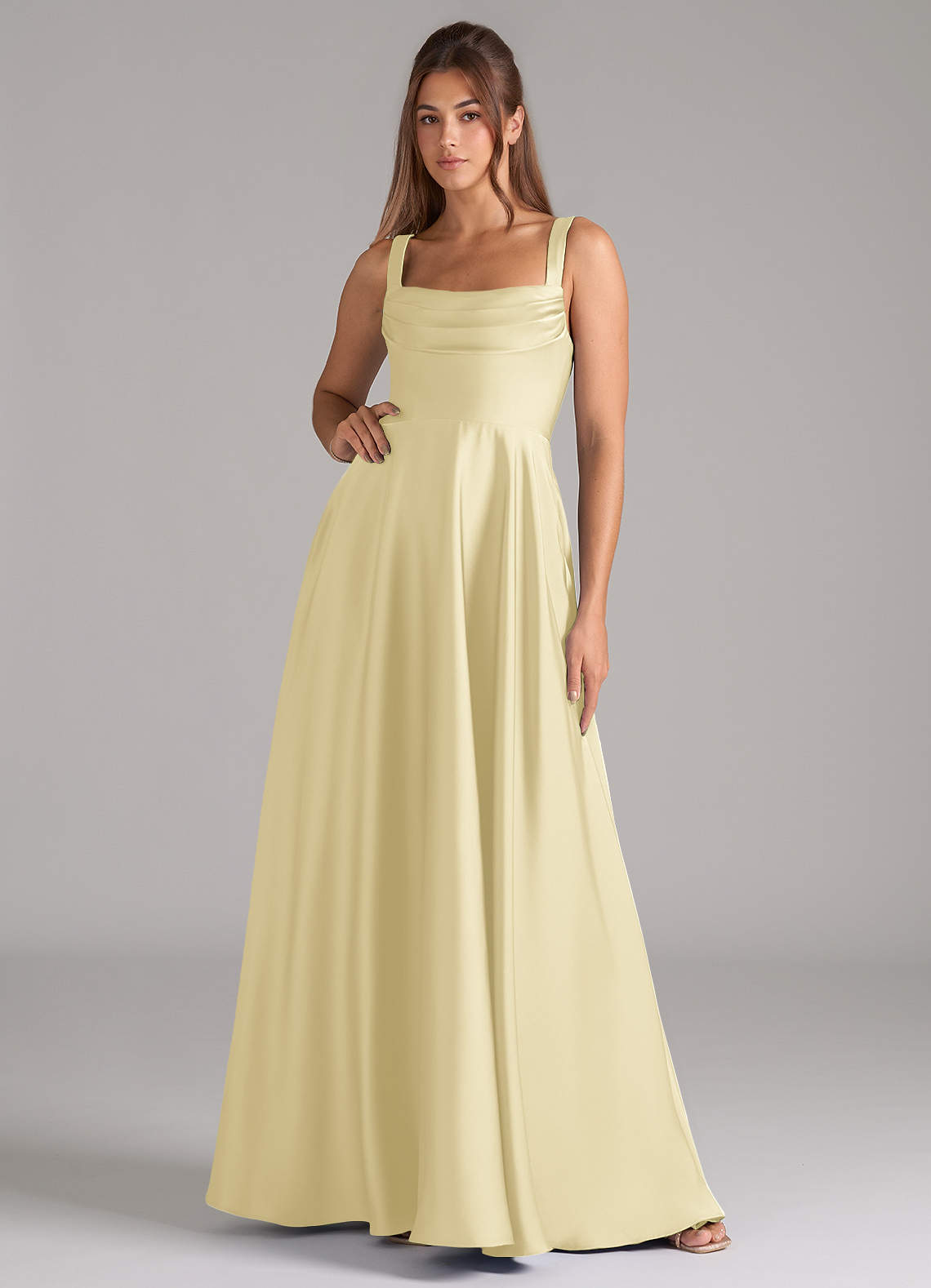 Shaude A-Line Square-Neck Stretch Satin Bridesmaid Dress in Lemon Sorbet