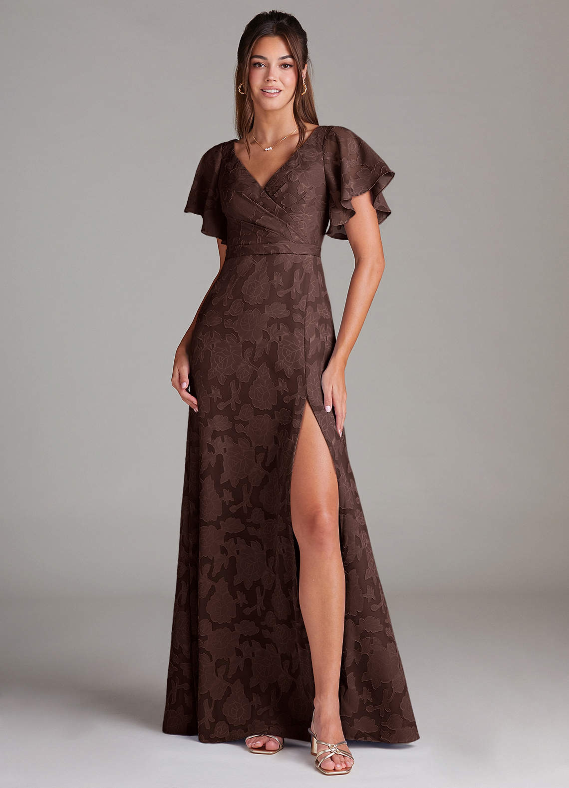 Ambrosia A-Line V-Neck Floral Burnout Bridesmaid Dress in Ganache